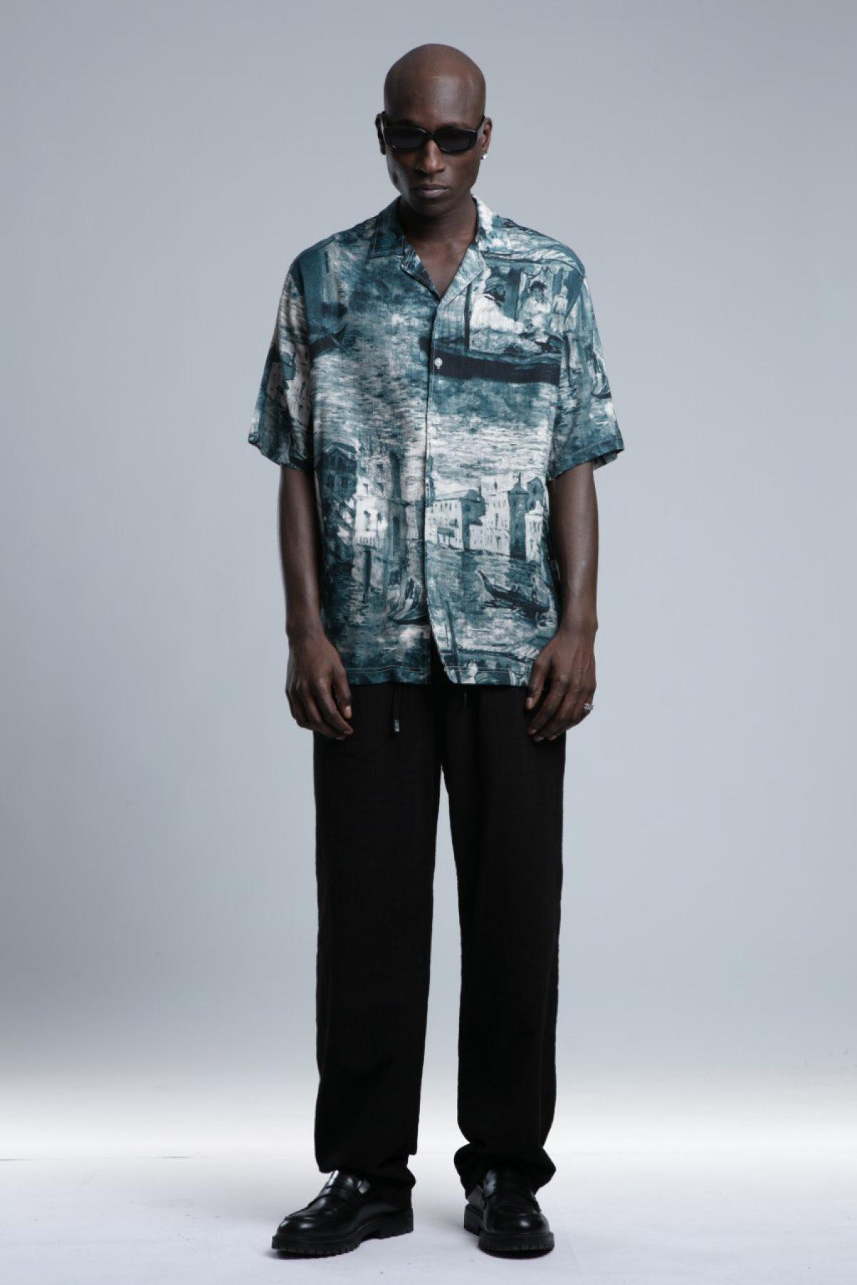 Wholesale Men Petrol Printed Short Sleeve Shirt 729982