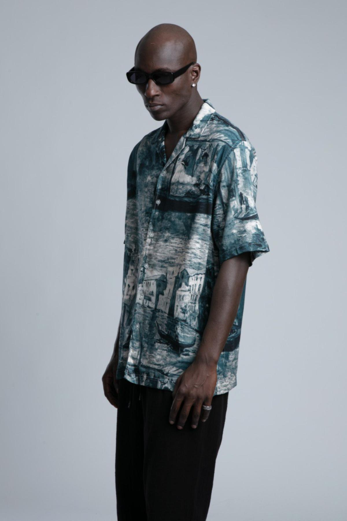 Wholesale Men Petrol Printed Short Sleeve Shirt 729982