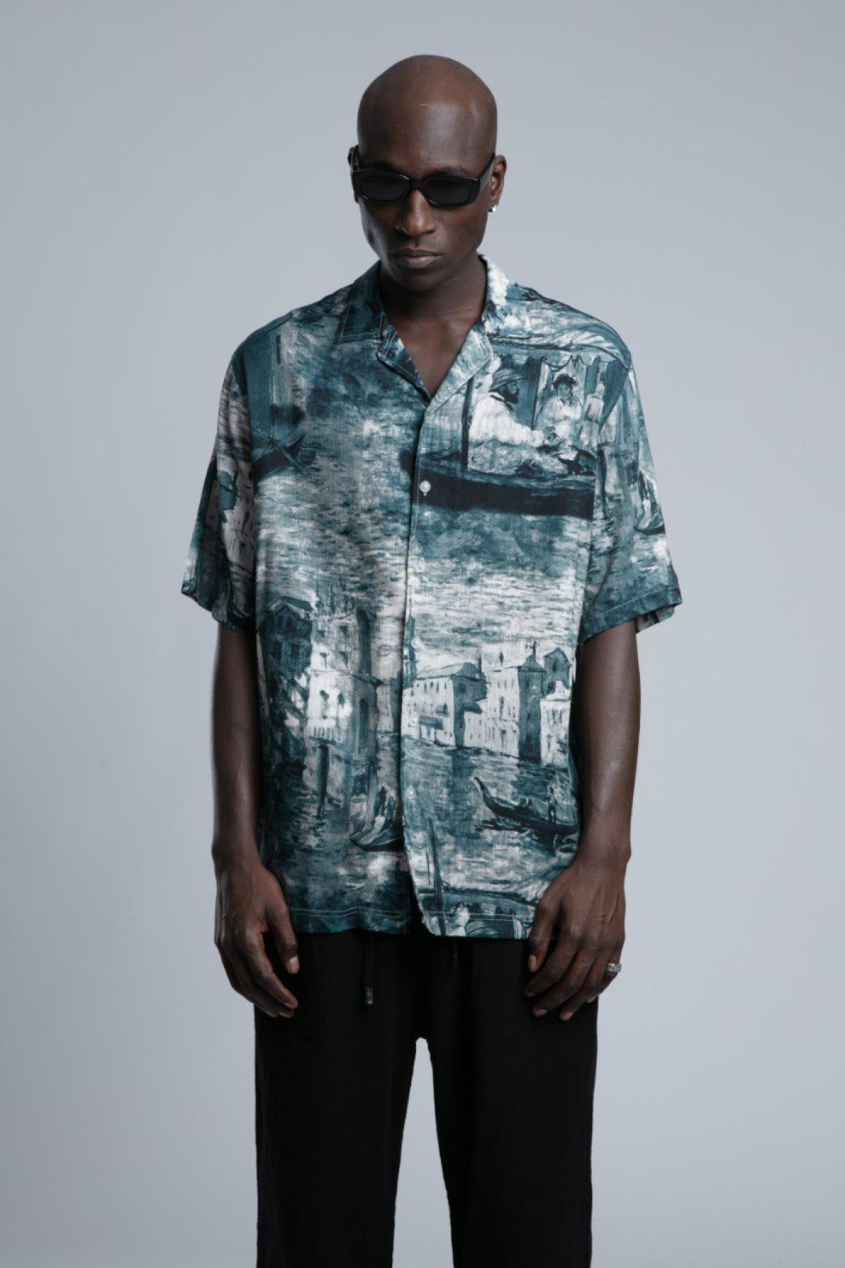 Wholesale Men Petrol Printed Short Sleeve Shirt 729982