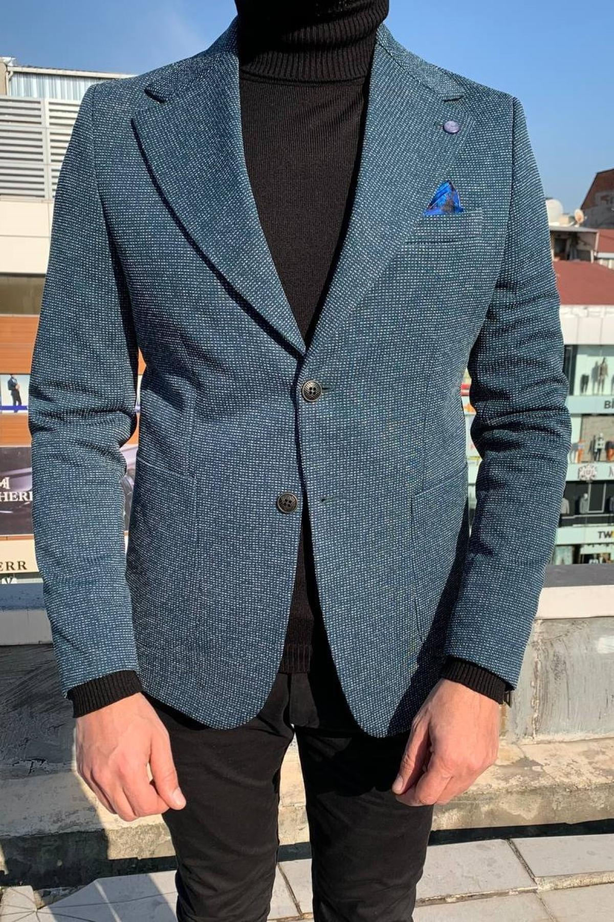 Wholesale Men Petrol Single Breasted Blazer Jacket 720594