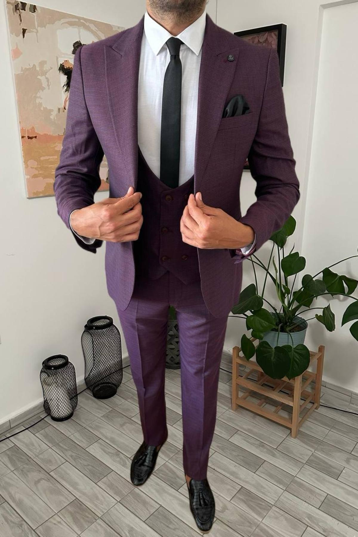 Wholesale Men Plum Purple Three Piece Suits Blazer Vest and Trousers 708901