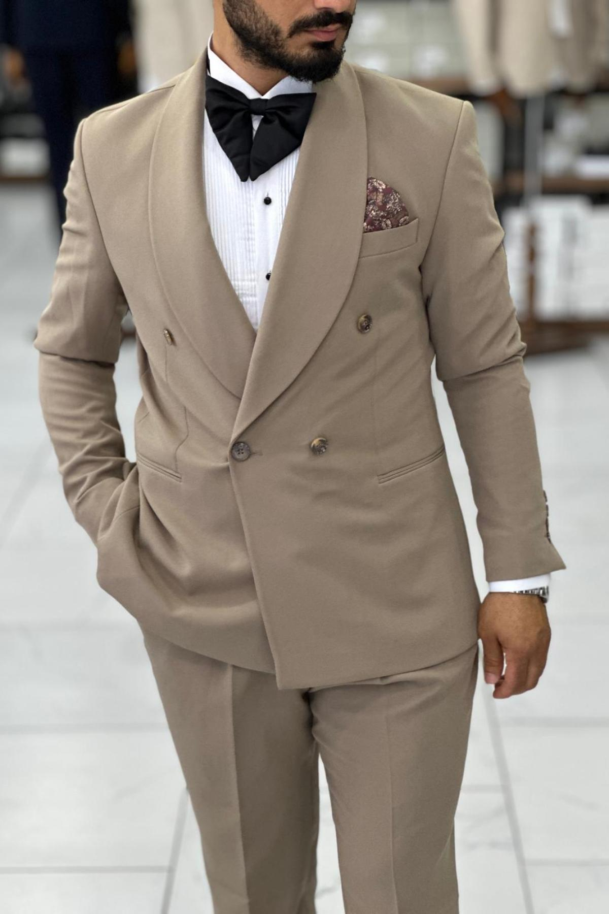 Wholesale Men Plus Size Dark Beige Two-Piece Suit 739042