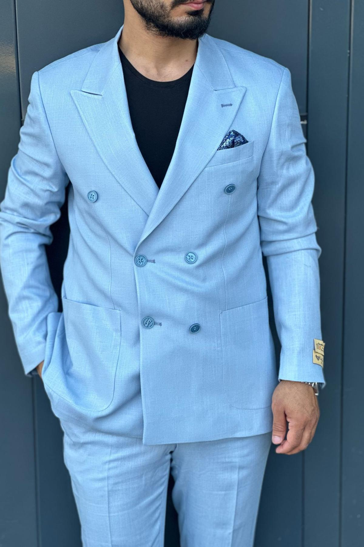 Wholesale Men Plus Size Light Blue Two-Piece Suit 739075