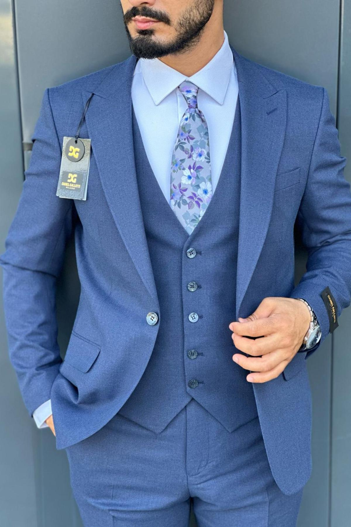 Wholesale Men Plus Size Navy Three-Piece Suit 739017