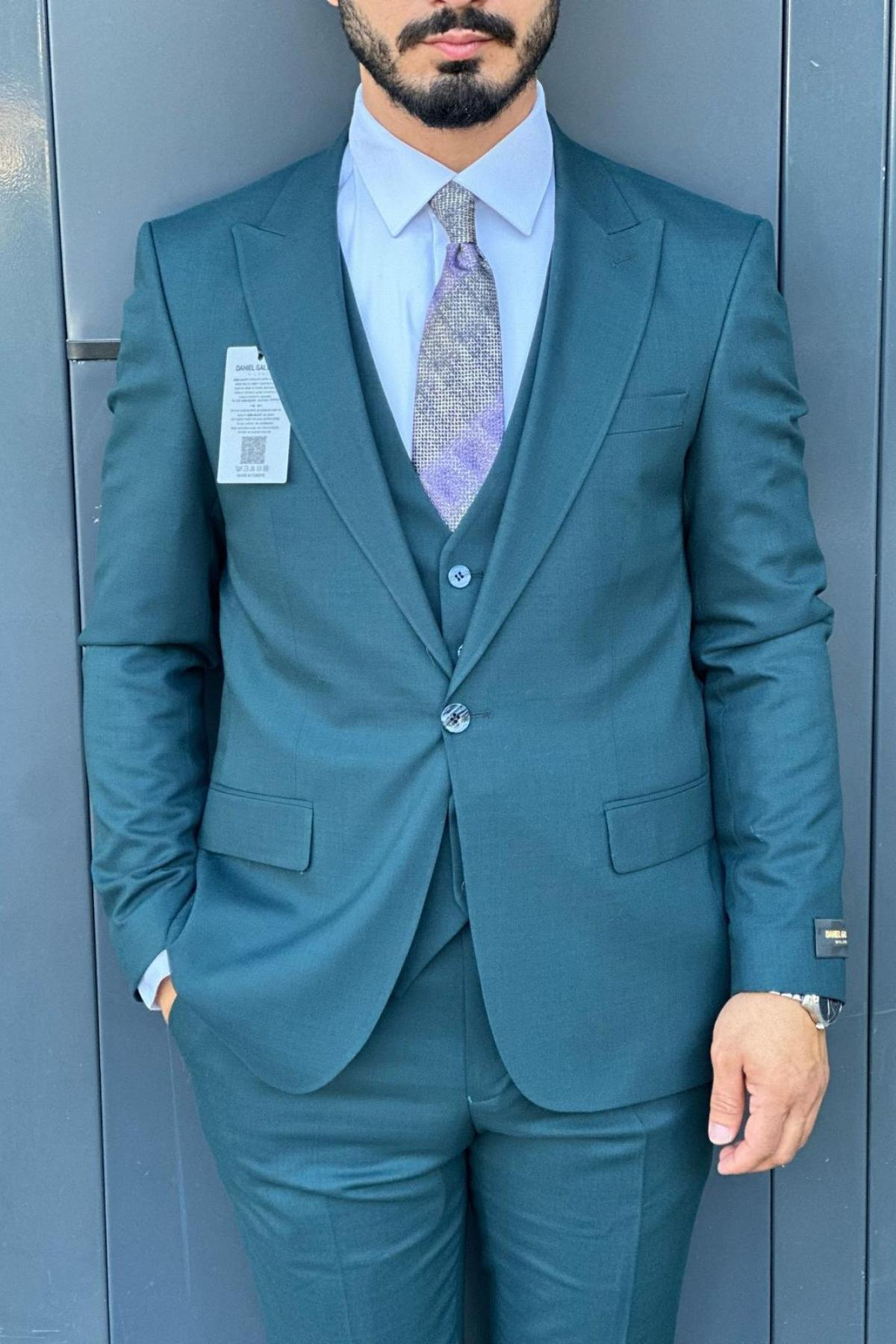 Wholesale Men Plus Size Teal Blue Three-Piece Suit 739011