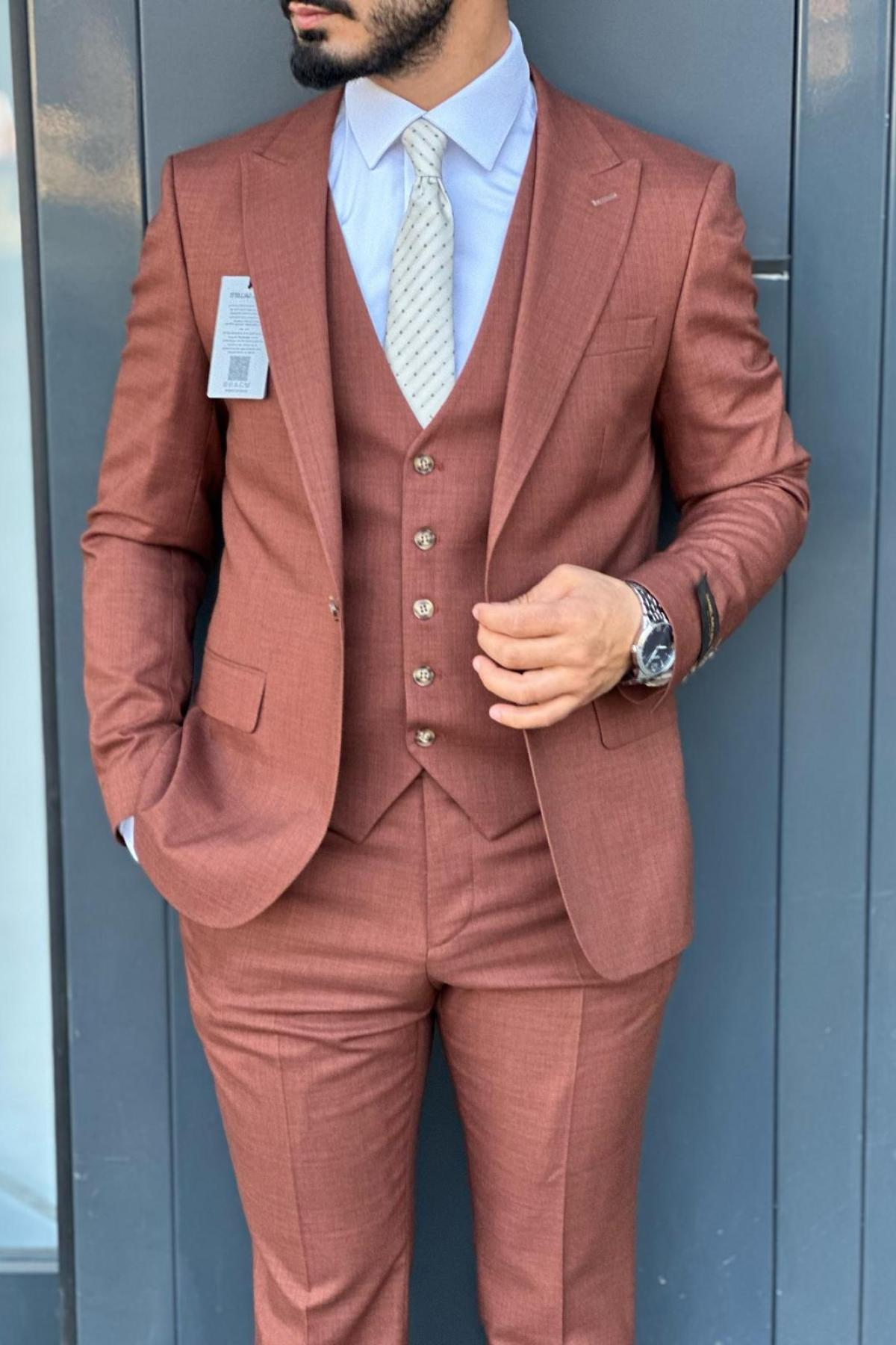 Wholesale Men Plus Size Tobacco Brown Three-Piece Suit 739013