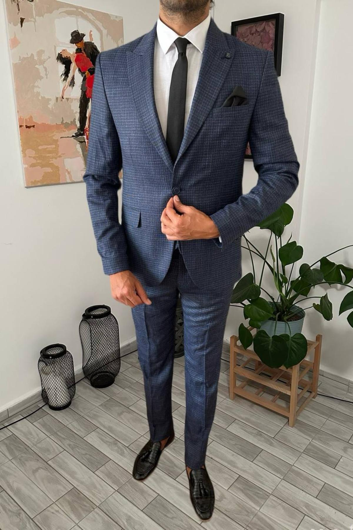 Wholesale Men Royal Blue Plaid Three Piece Suits Blazer Vest and Trousers 708914