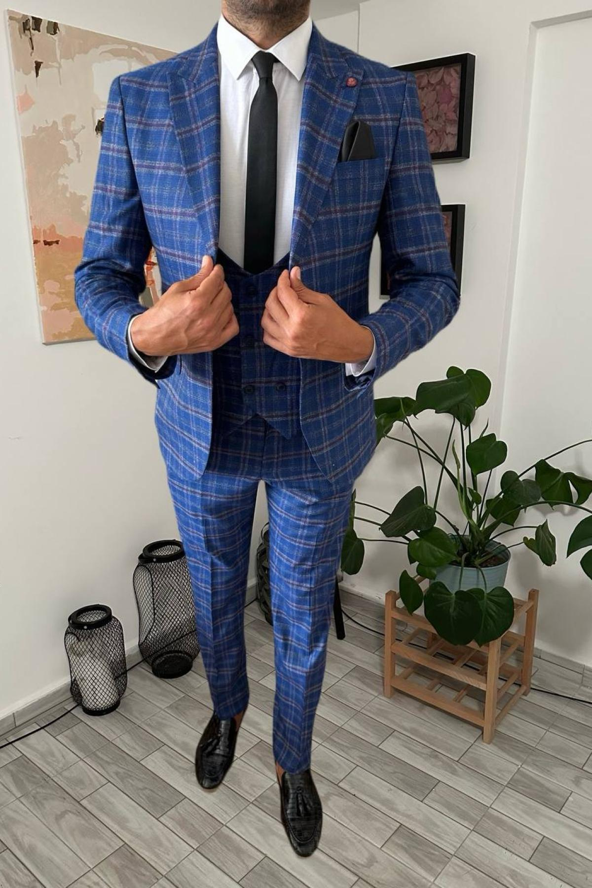 Wholesale Men Sax Blue Plaid Three Piece Suits Blazer Vest and Trousers 708926