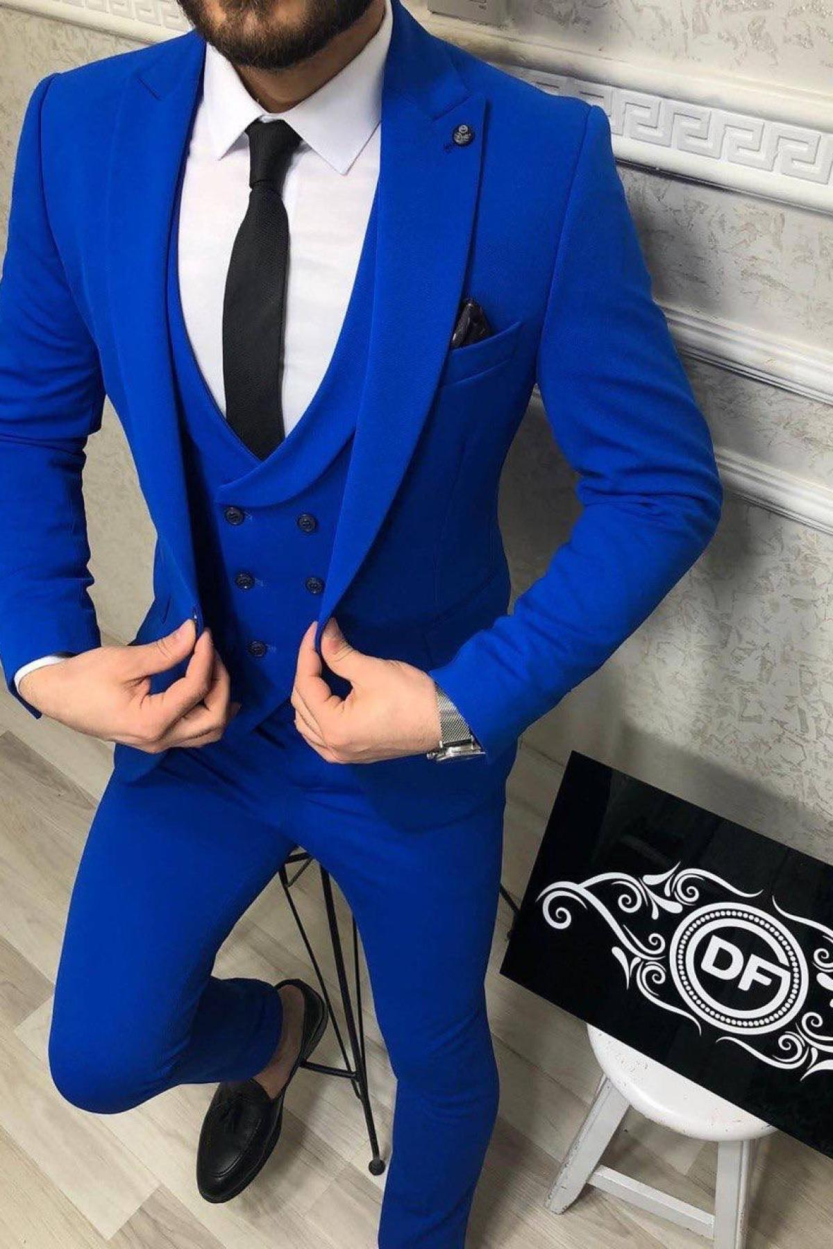 Wholesale Men Sax Blue Three Piece Suits Blazer Vest and Trousers 714575