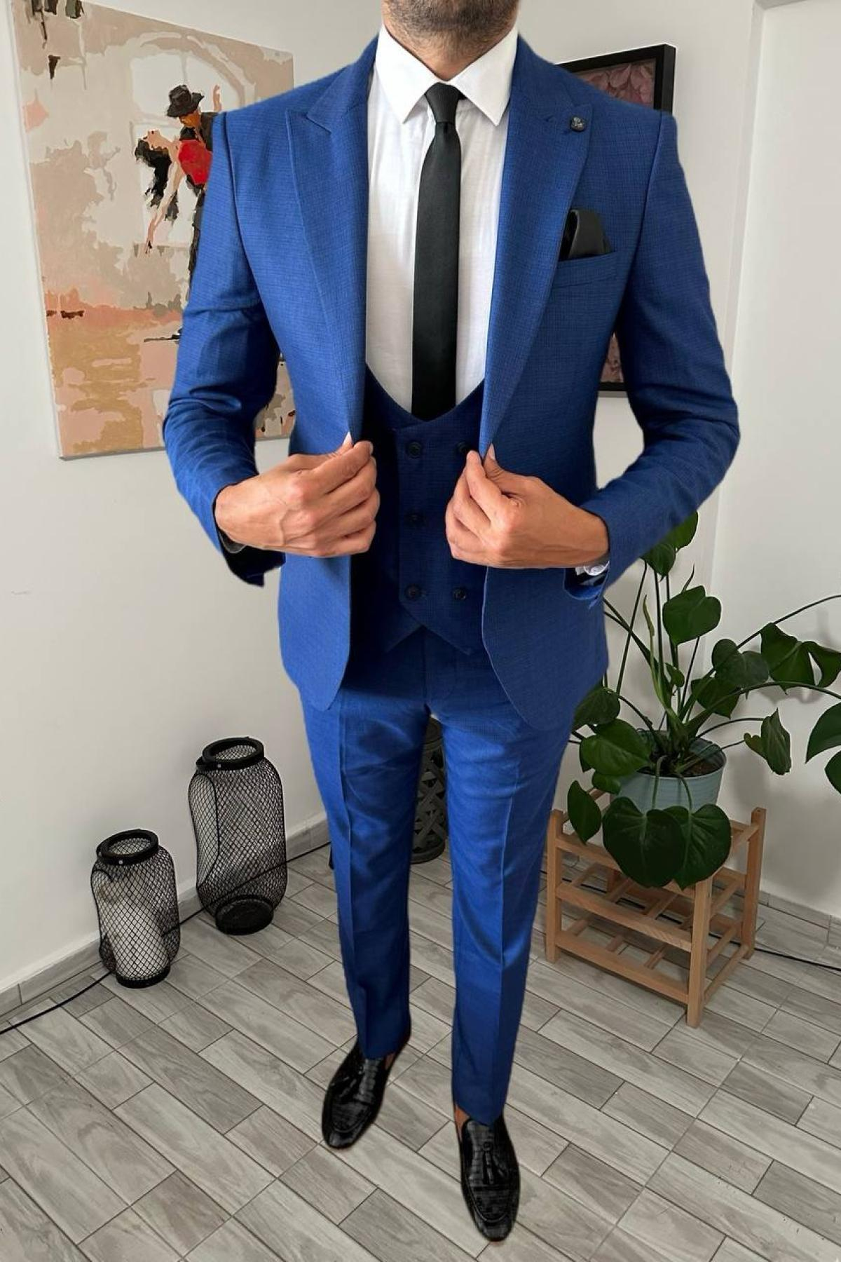 Wholesale Men Sax Blue Three Piece Suits Blazer Vest and Trousers 708899