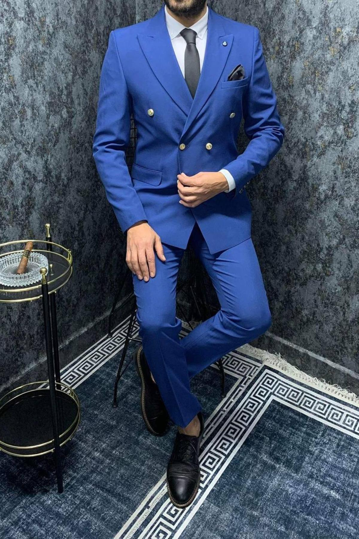 Wholesale Men Sax Blue Two Piece Suits Blazer and Trousers 708995