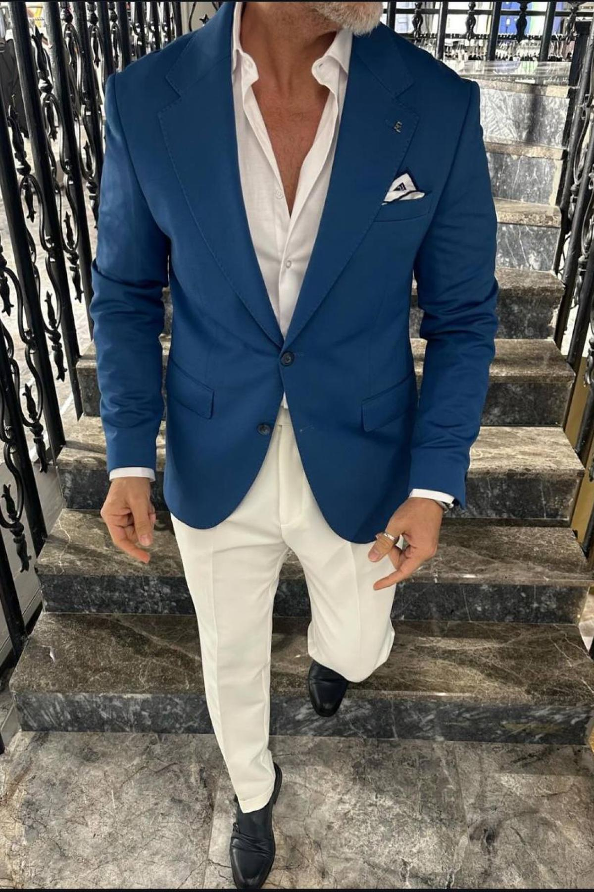 Wholesale Men Sax Blue Wide Notched Collar Jacket 731385