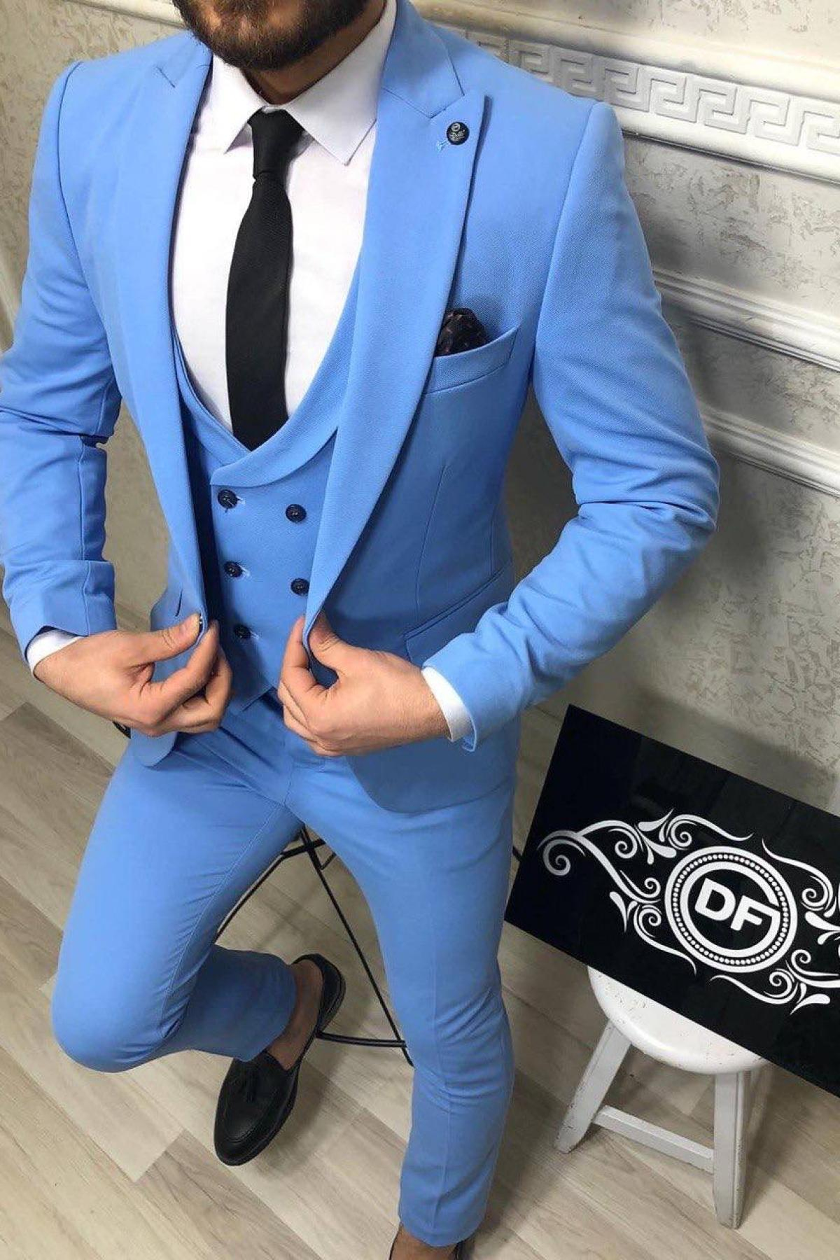 Wholesale Men Sky Blue Three Piece Suits Blazer Vest and Trousers 714576