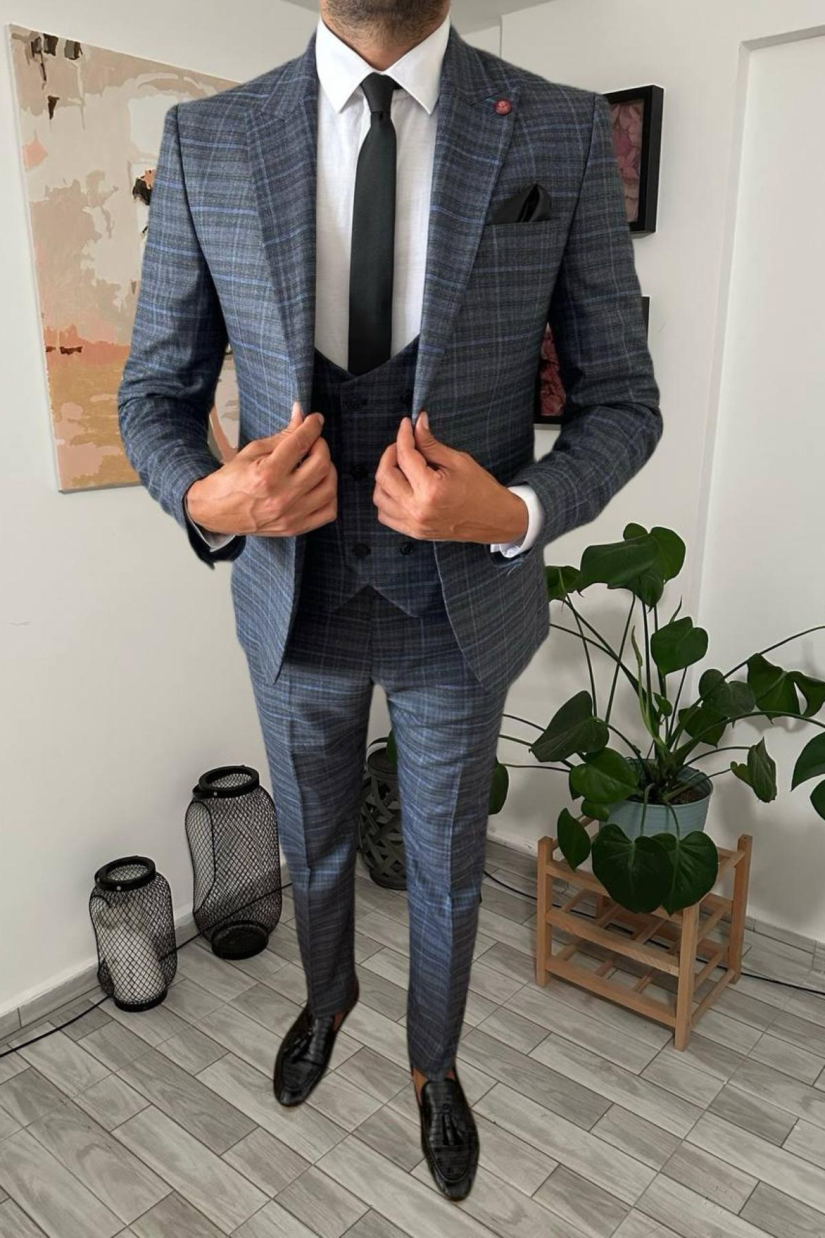 Wholesale Men Smoke Gray Plaid Three Piece Suits Blazer Vest and Trousers 708918