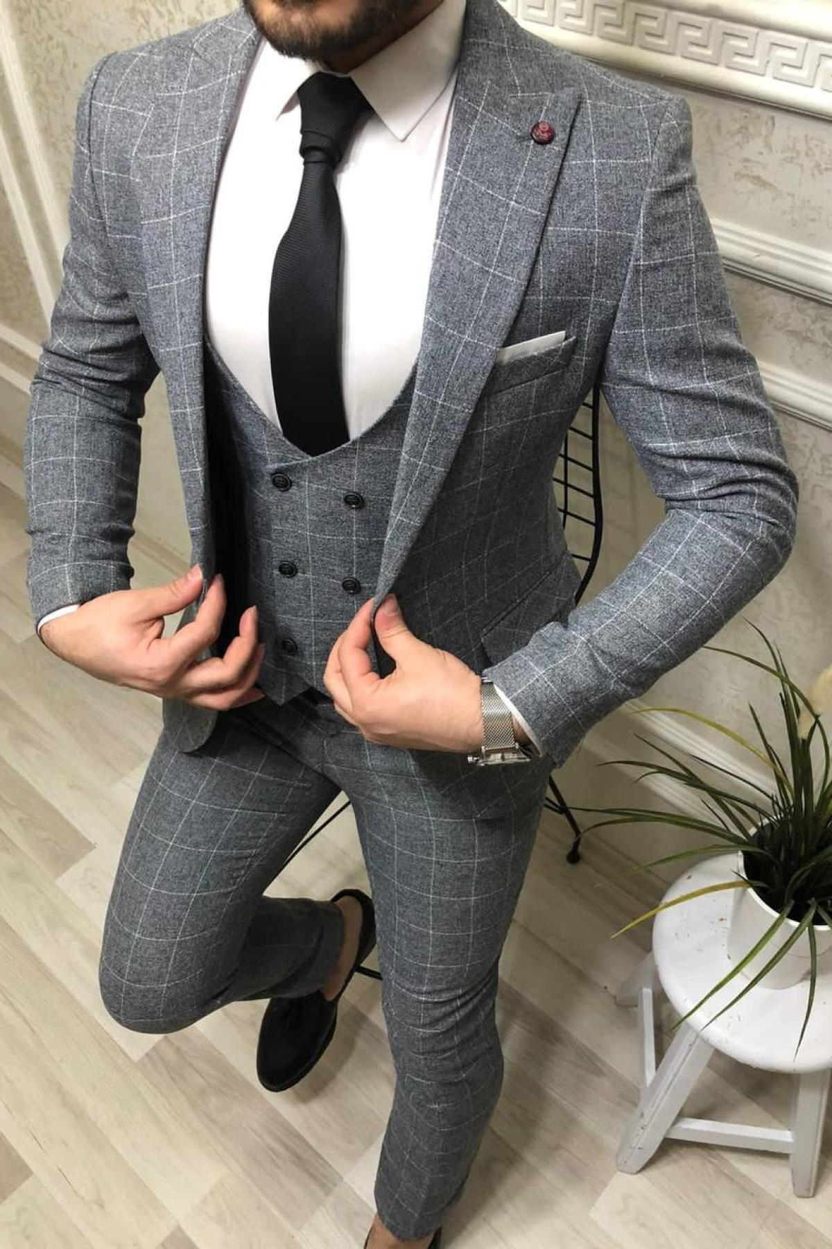 Wholesale Men Smoke Gray Plaid Three Piece Suits Blazer Vest and Trousers 714442
