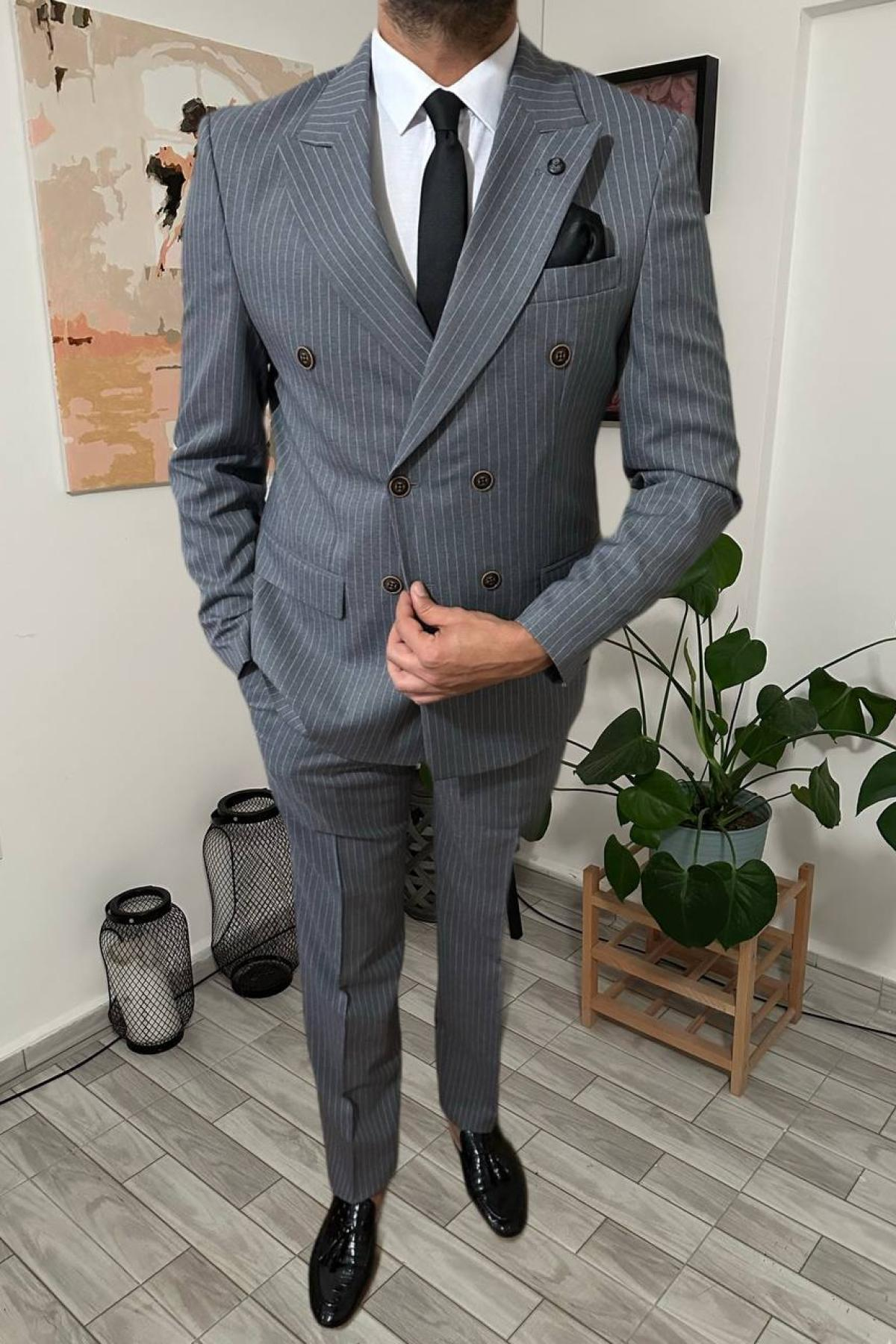 Wholesale Men Smoke Gray Striped Two Piece Suits Blazer and Trousers 708746