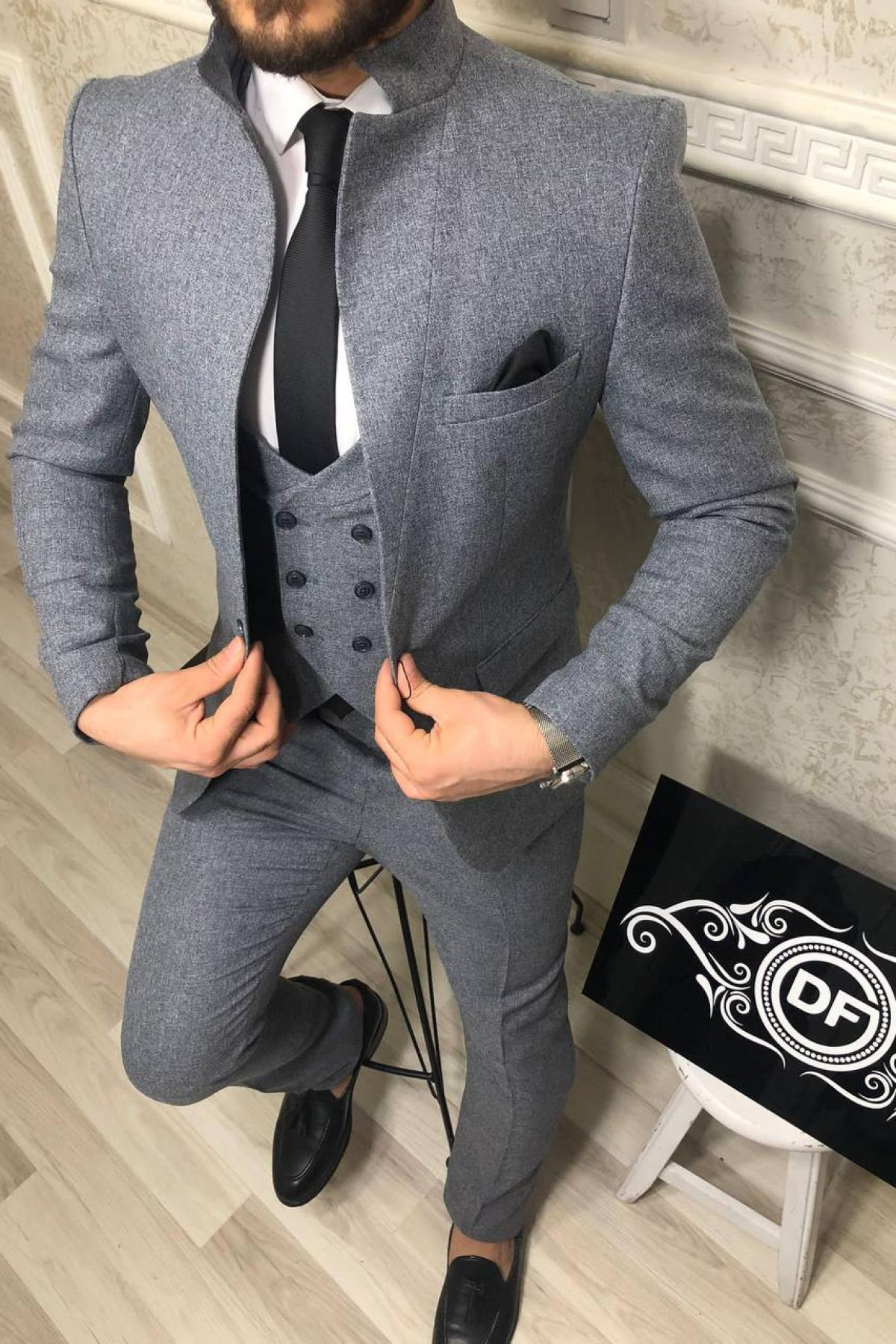 Wholesale Men Smoke Gray Three Piece Suits Blazer Vest and Trousers 714435