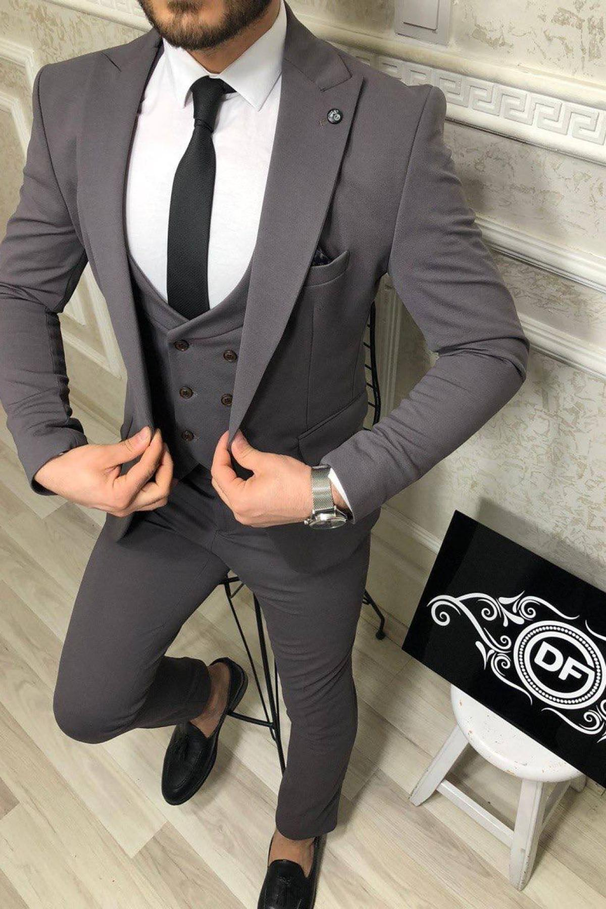 Wholesale Men Smoke Gray Three Piece Suits Blazer Vest and Trousers 714578