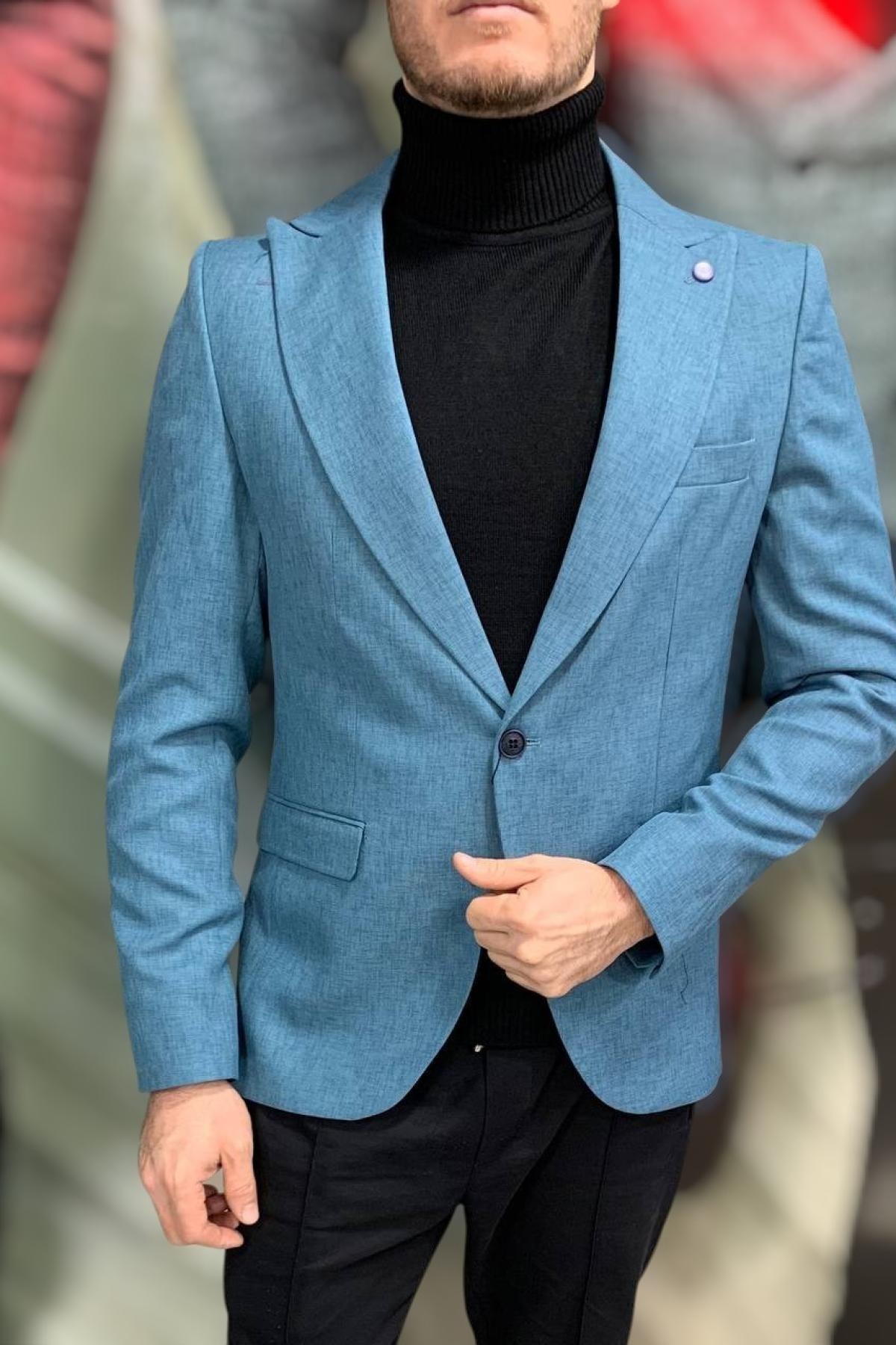 Wholesale Men Teal Blue Single Breasted Blazer Jacket 720097