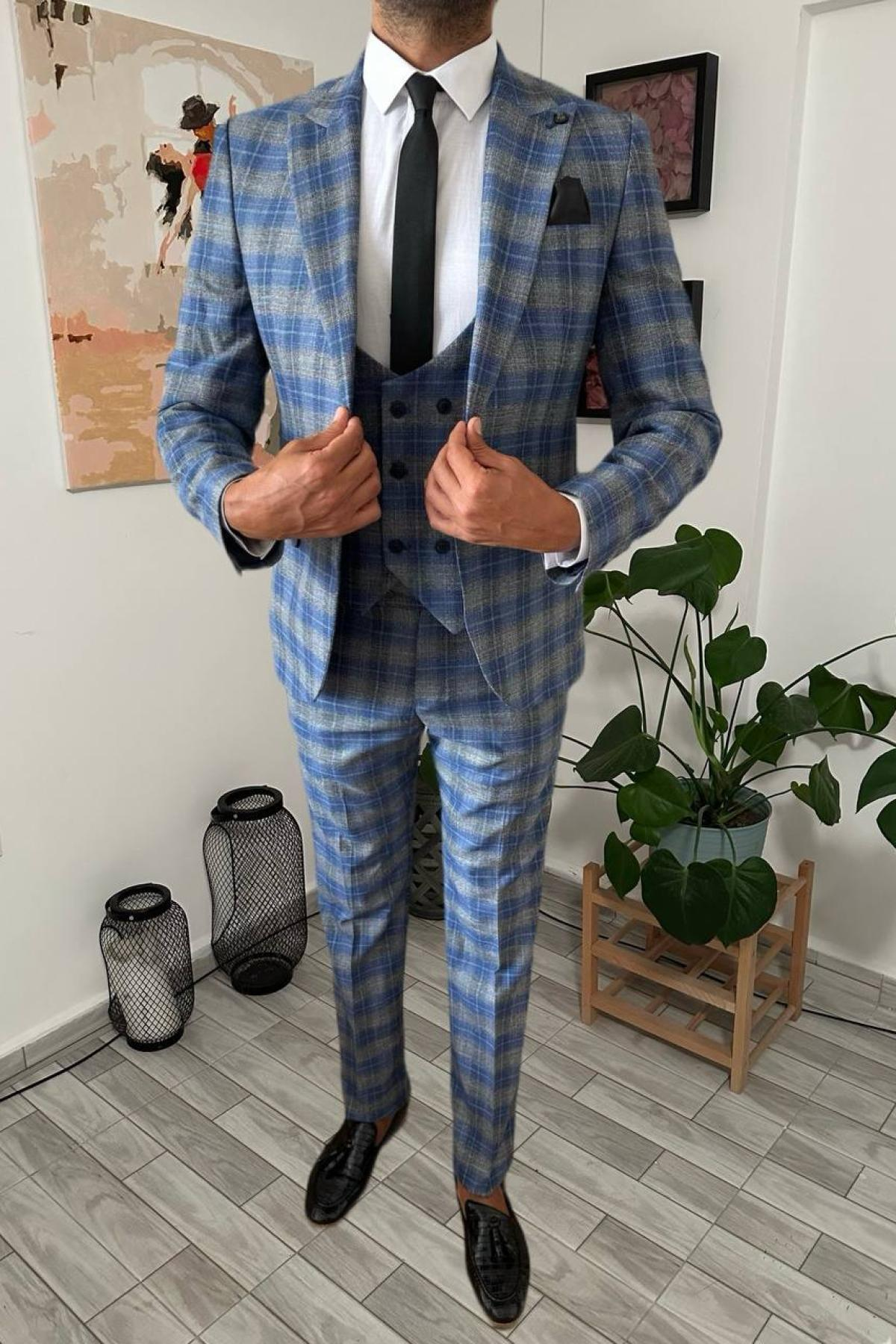 Wholesale Men Vista Blue Plaid Three Piece Suits Blazer Vest and Trousers 708936