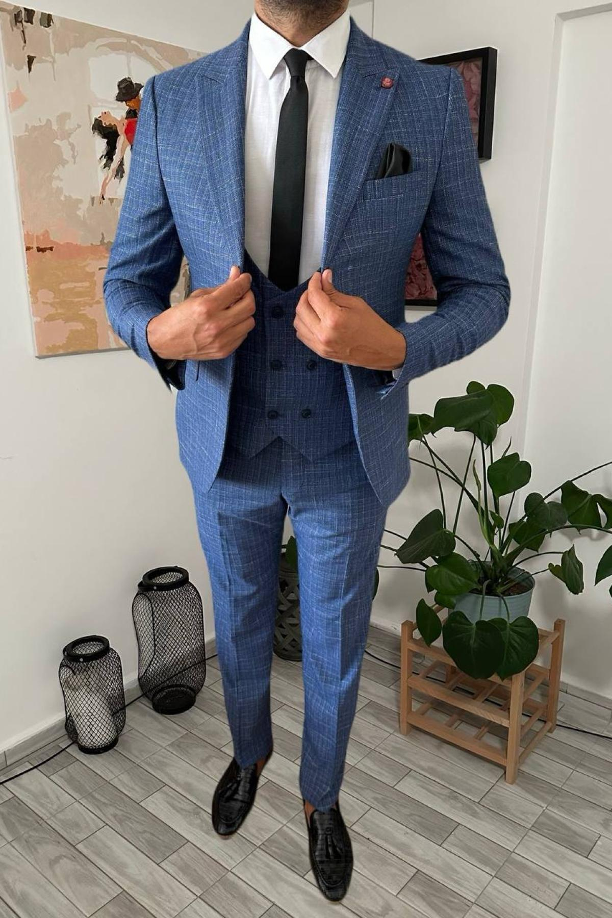 Wholesale Men Vista Blue Plaid Three Piece Suits Blazer Vest and Trousers 708907