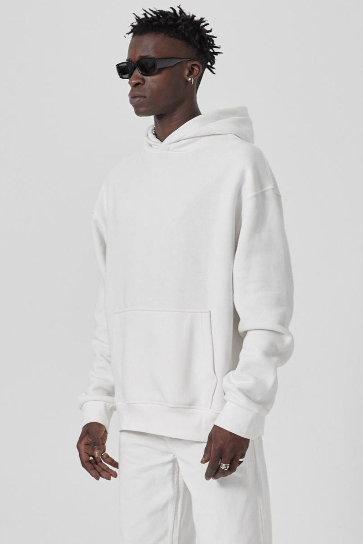 Wholesale Men White Hoodie with Kangaroo Pocket 739198