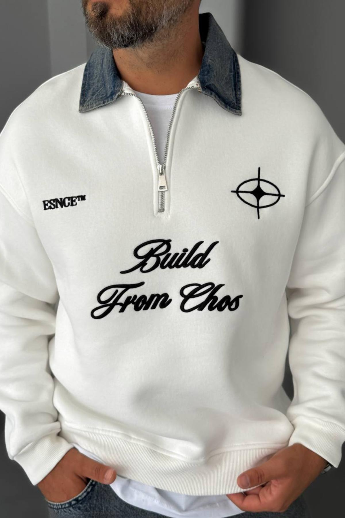 Wholesale Men White Printed Zip-Up Detailed Sweatshirt 739120