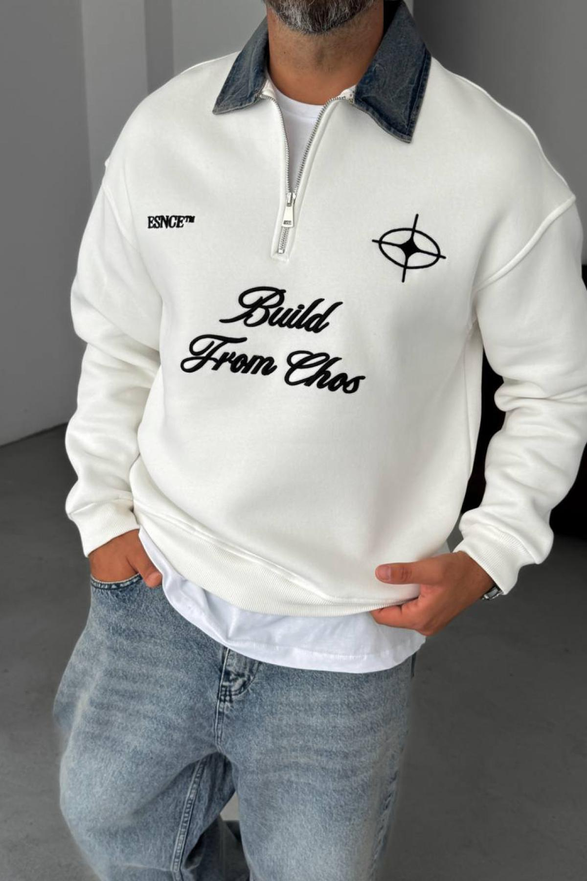 Wholesale Men White Printed Zip-Up Detailed Sweatshirt 739120