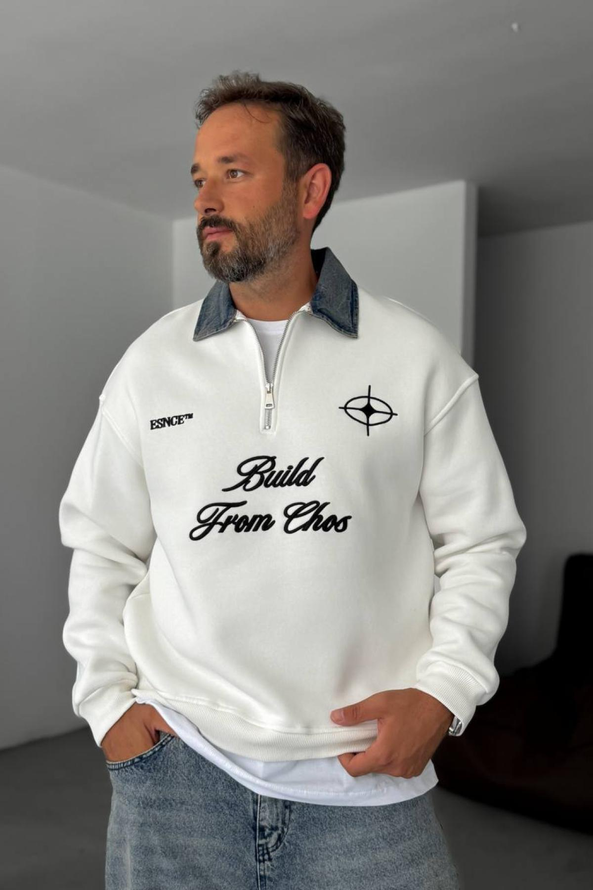 Wholesale Men White Printed Zip-Up Detailed Sweatshirt 739120