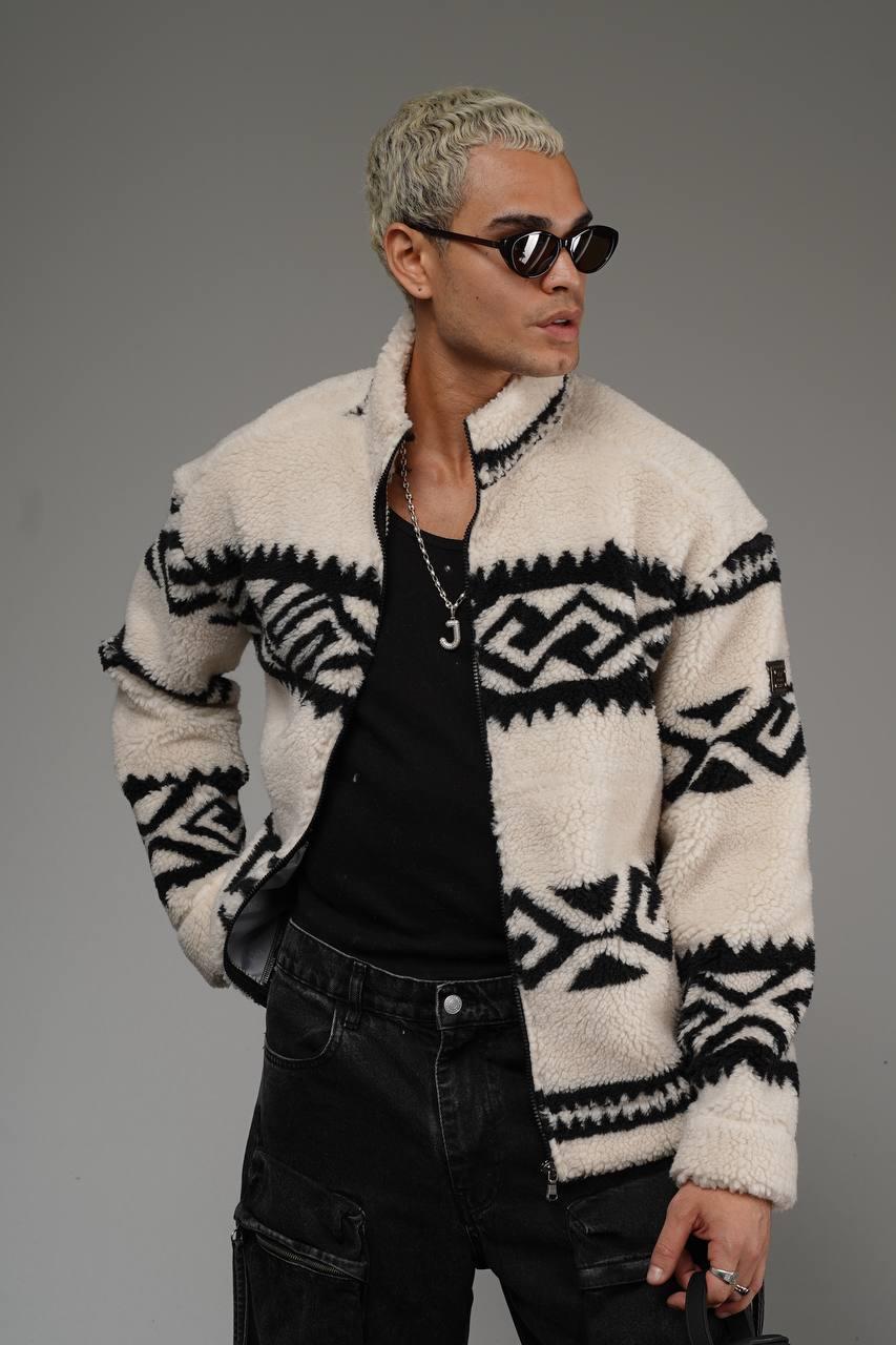 Wholesale Men's Beige Oversized Plush Zip-Up Jacket 1690W26-211