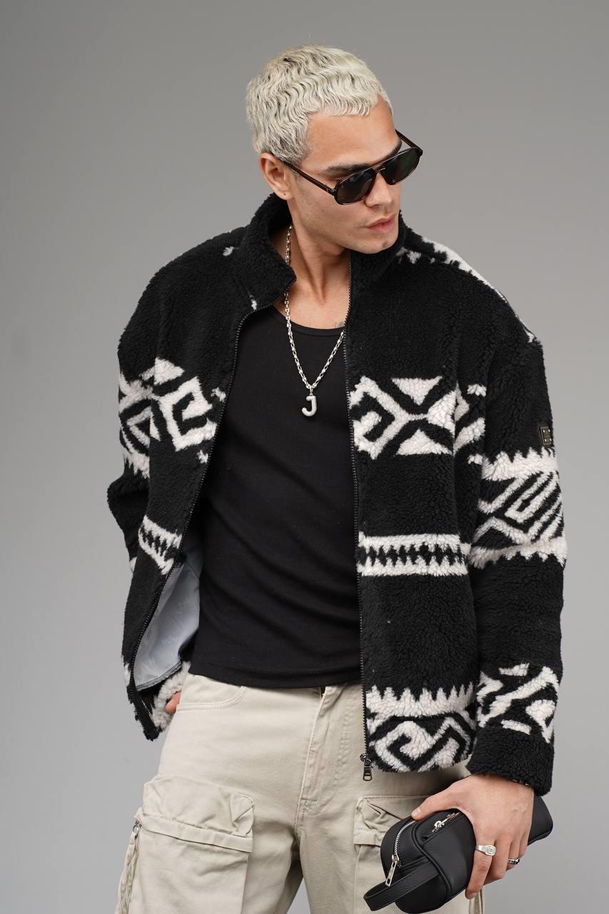 Wholesale Men's Black Oversized Plush Zip-Up Jacket 1690W26-211