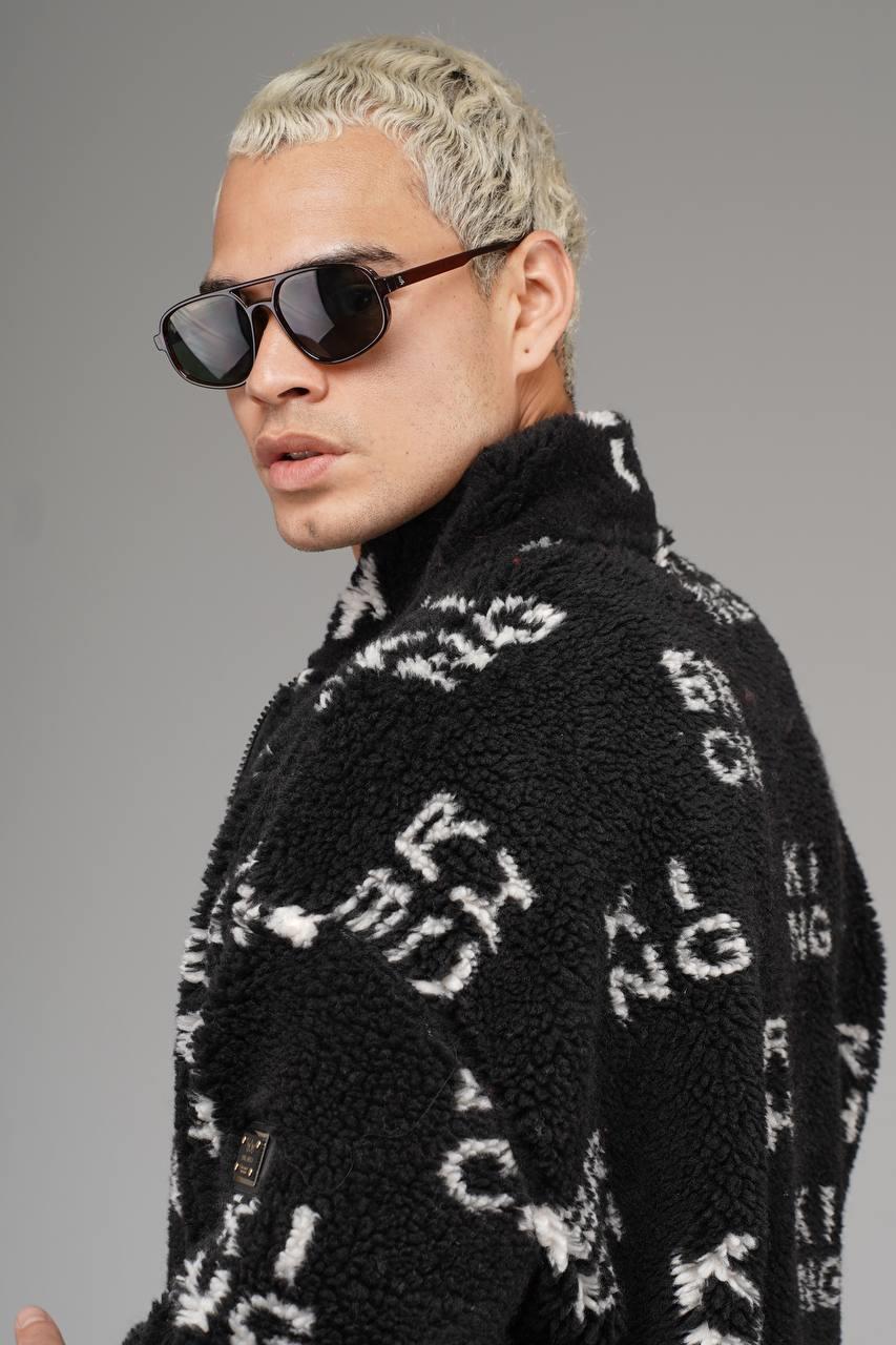 Wholesale Men's Black Oversized Plush Zip-Up Jacket 1690W26-210