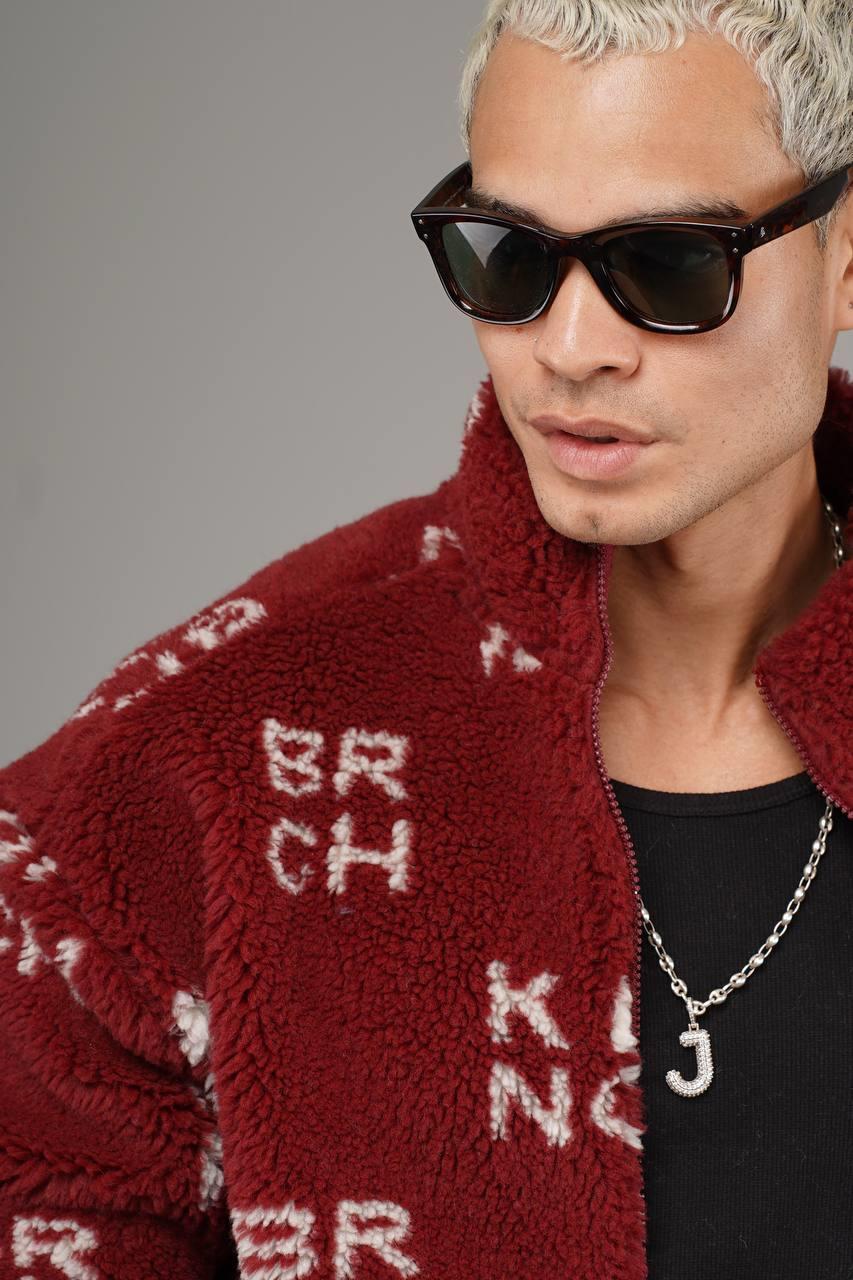 Wholesale Men's Bordeaux Oversized Plush Zip-Up Jacket 1690W26-210