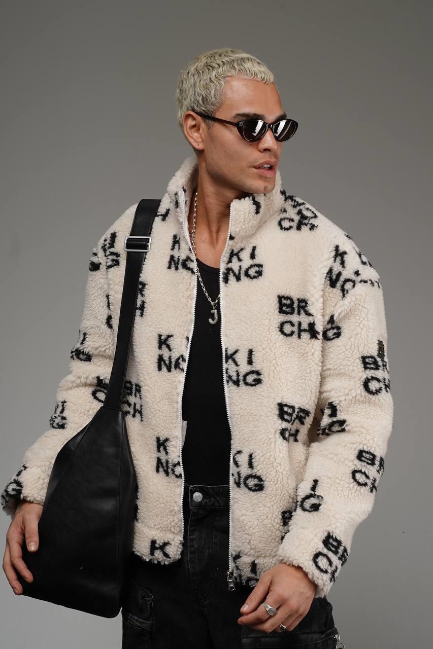 Wholesale Men's Ecru Oversized Plush Zip-Up Jacket 1690W26-1210