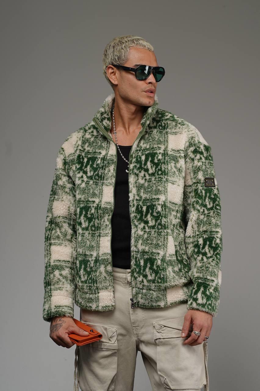 Wholesale Men's Green Oversized Plush Zip-Up Jacket 1690W26-209