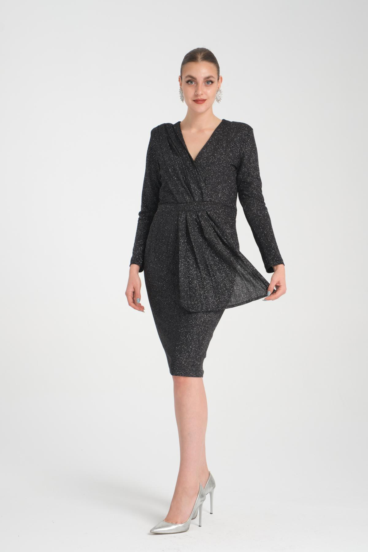 Wholesale Women Anthracite Gathered Shoulder V Neck Lurex Dress 719931