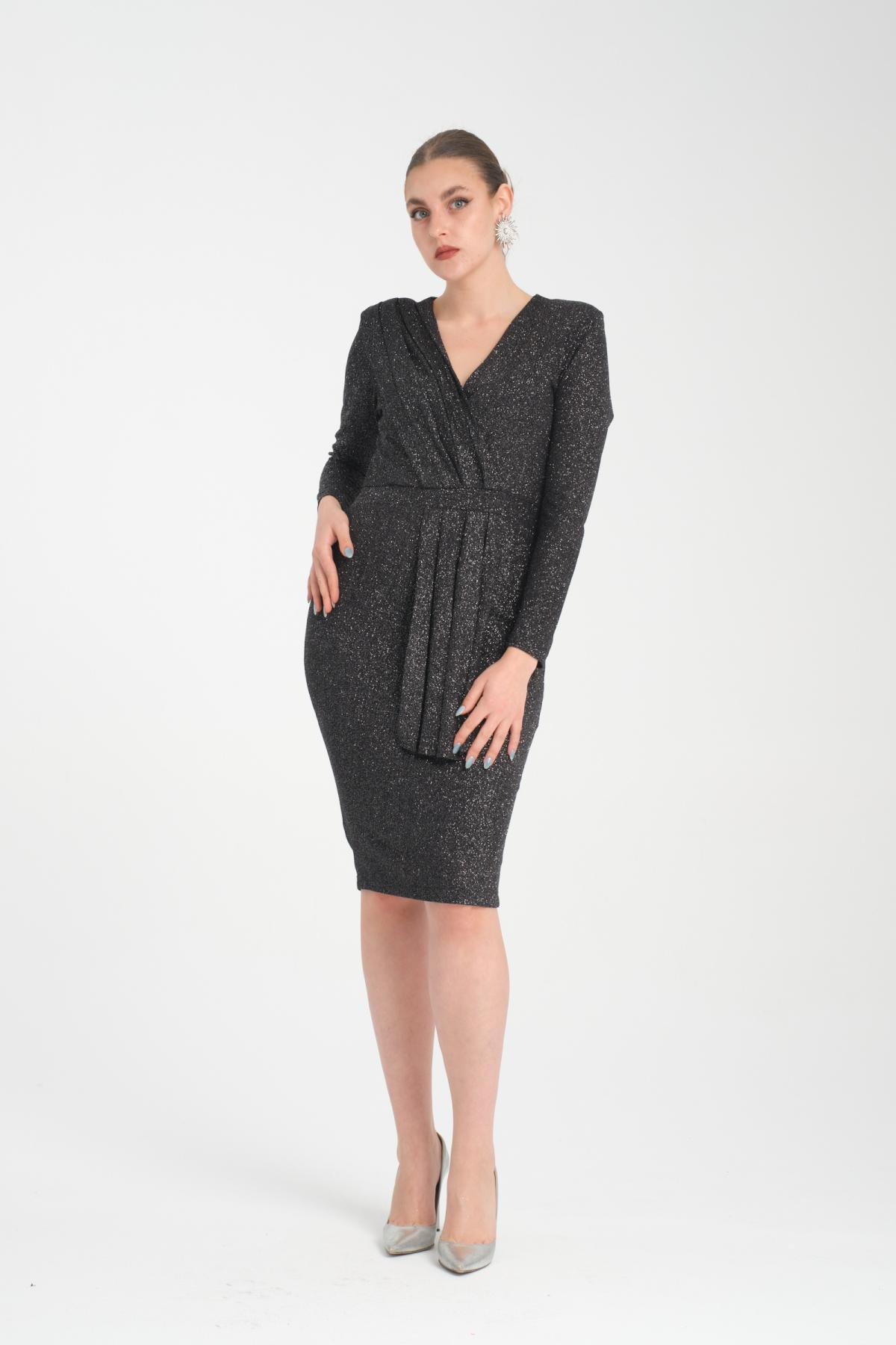 Wholesale Women Anthracite Gathered Shoulder V Neck Lurex Dress 719931