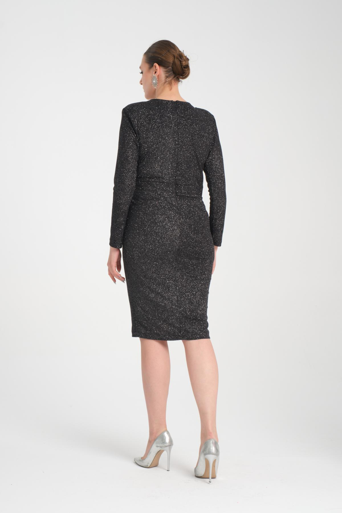 Wholesale Women Anthracite Gathered Shoulder V Neck Lurex Dress 719931