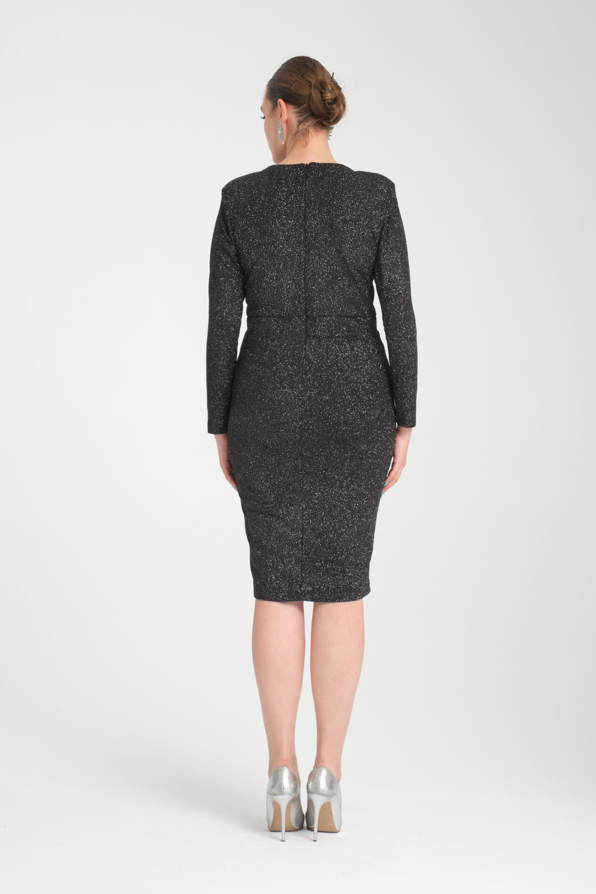 Wholesale Women Anthracite Gathered Shoulder V Neck Lurex Dress 719931