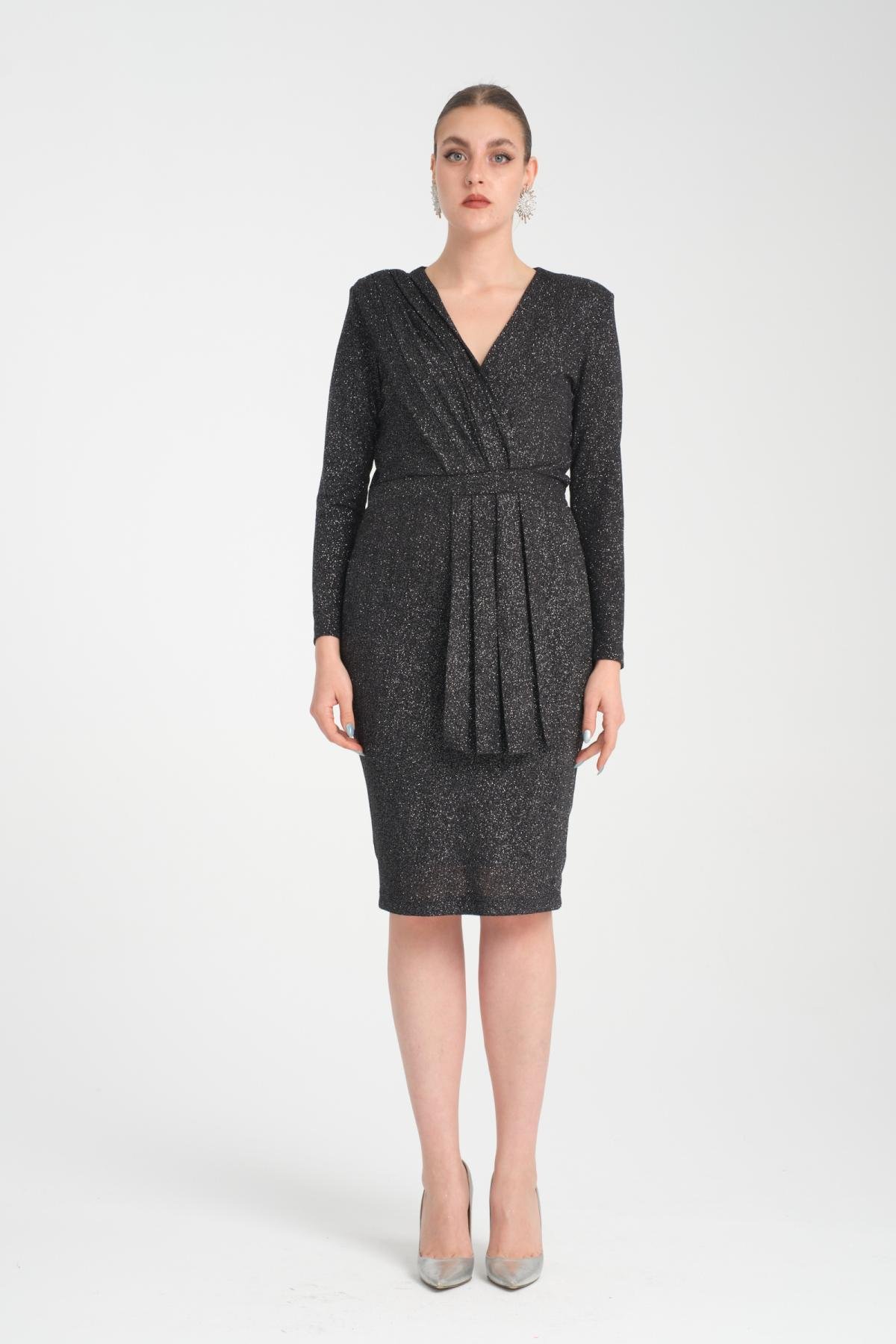 Wholesale Women Anthracite Gathered Shoulder V Neck Lurex Dress 719931