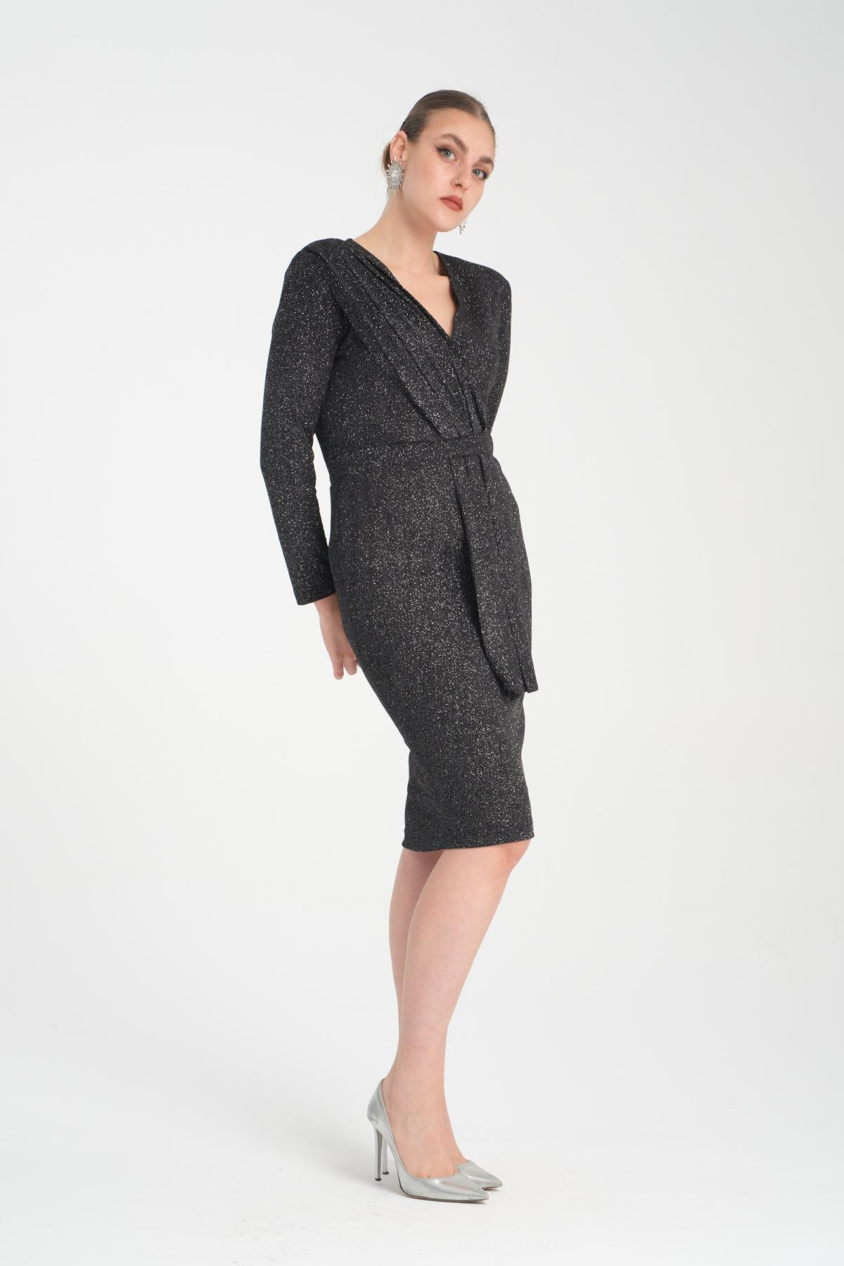 Wholesale Women Anthracite Gathered Shoulder V Neck Lurex Dress 719931