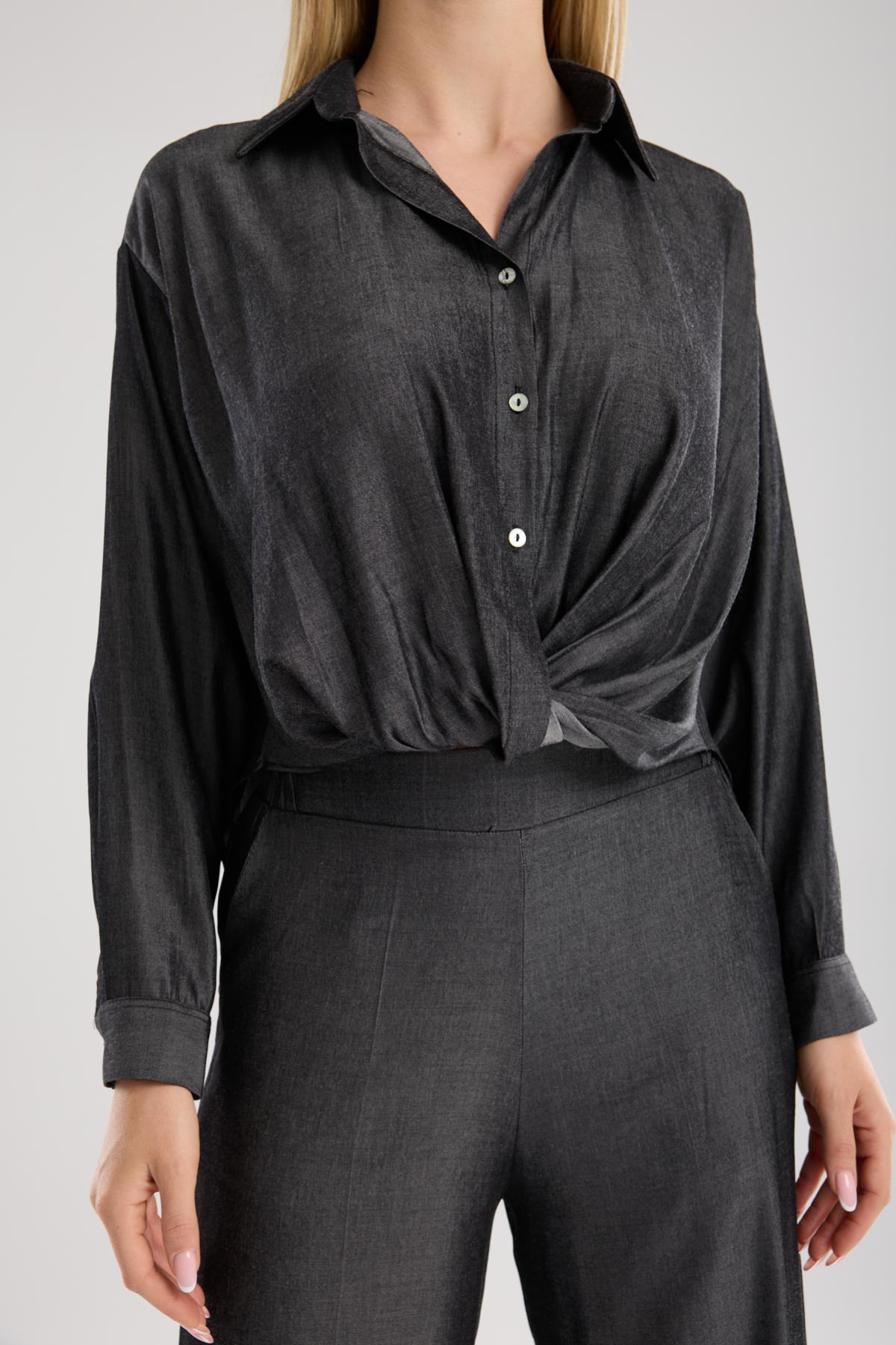 Wholesale Women Anthracite Two-Piece Suit - Gathered Front Shirt and Wide-Leg Pants Set 733379