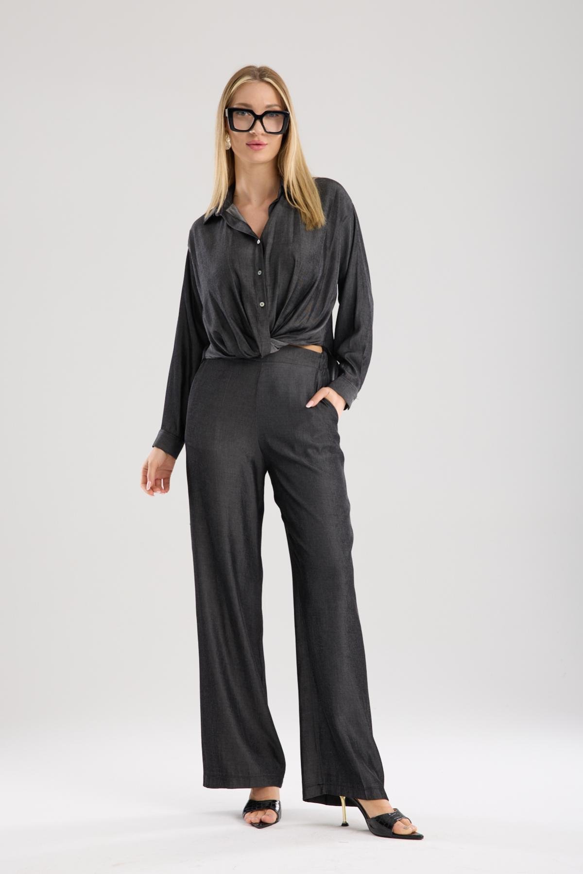 Wholesale Women Anthracite Two-Piece Suit - Gathered Front Shirt and Wide-Leg Pants Set 733379