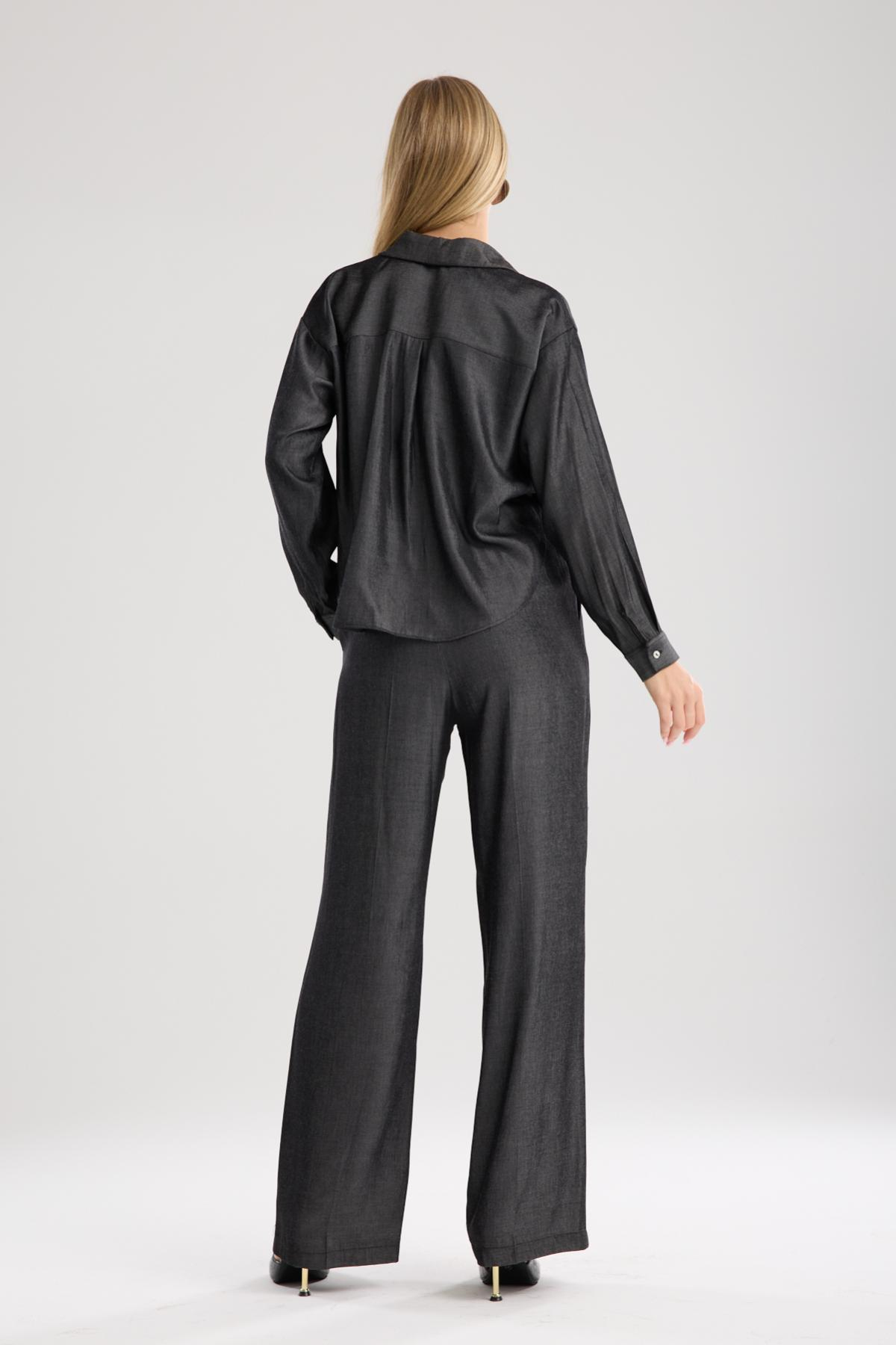 Wholesale Women Anthracite Two-Piece Suit - Gathered Front Shirt and Wide-Leg Pants Set 733379