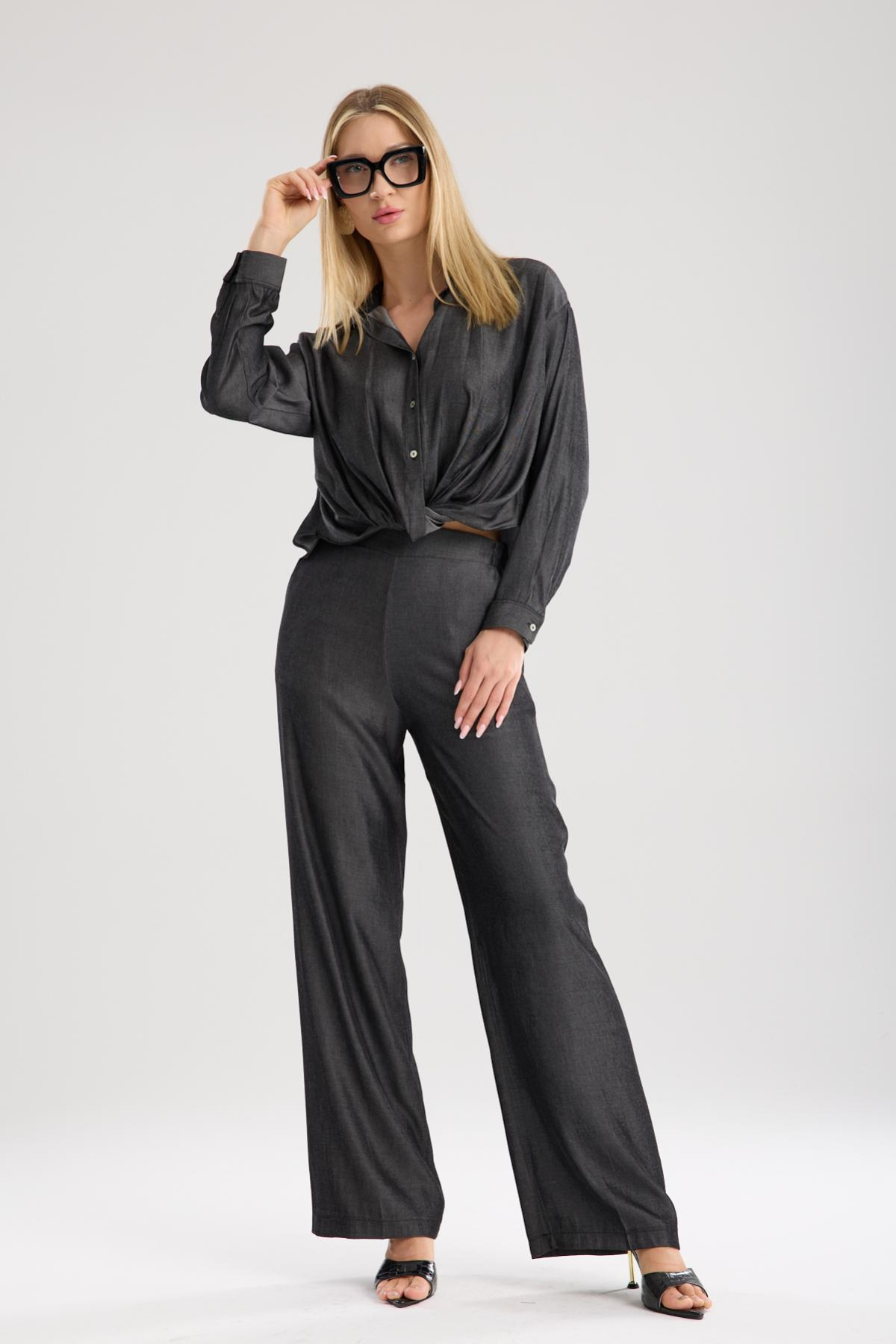 Wholesale Women Anthracite Two-Piece Suit - Gathered Front Shirt and Wide-Leg Pants Set 733379