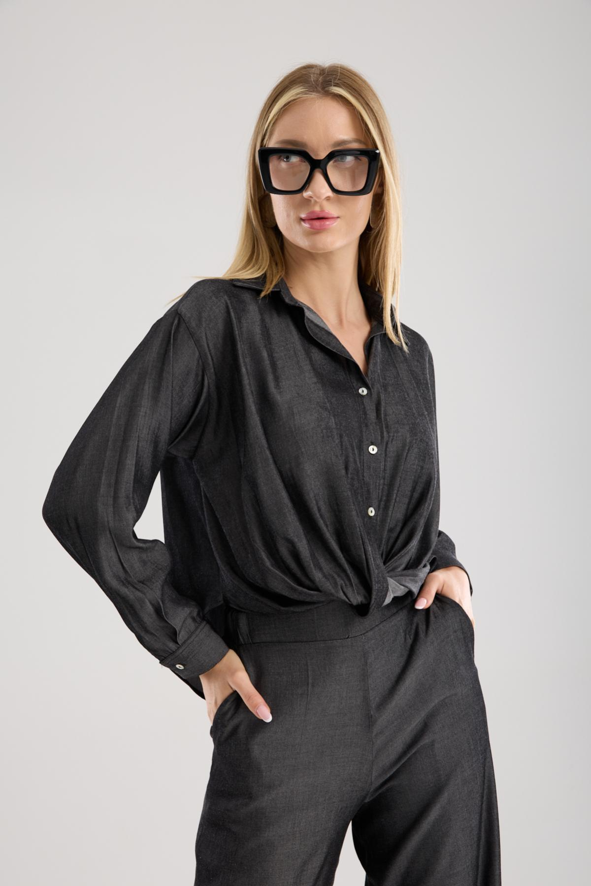 Wholesale Women Anthracite Two-Piece Suit - Gathered Front Shirt and Wide-Leg Pants Set 733379