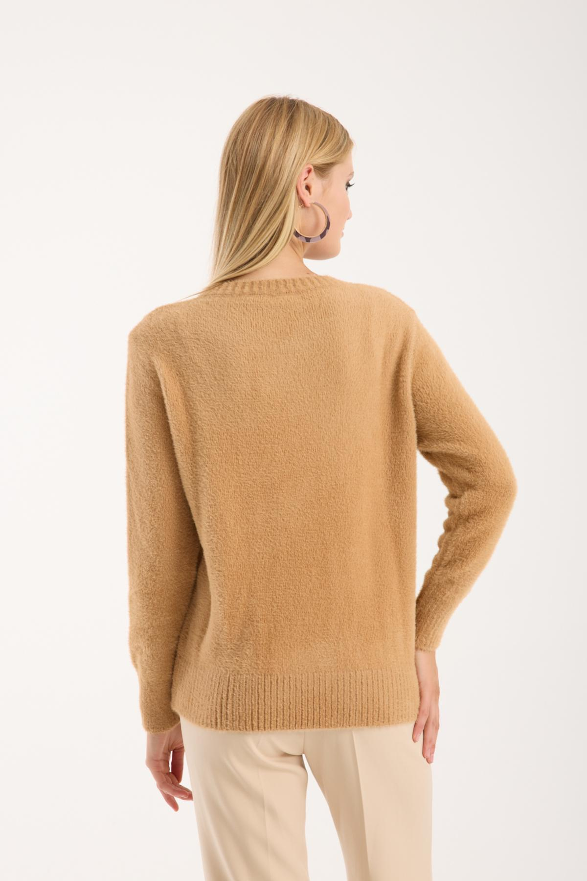 Wholesale Women Beige Crew-Neck Knit Blouse with Rhinestone and Pearl Embellishments 738889