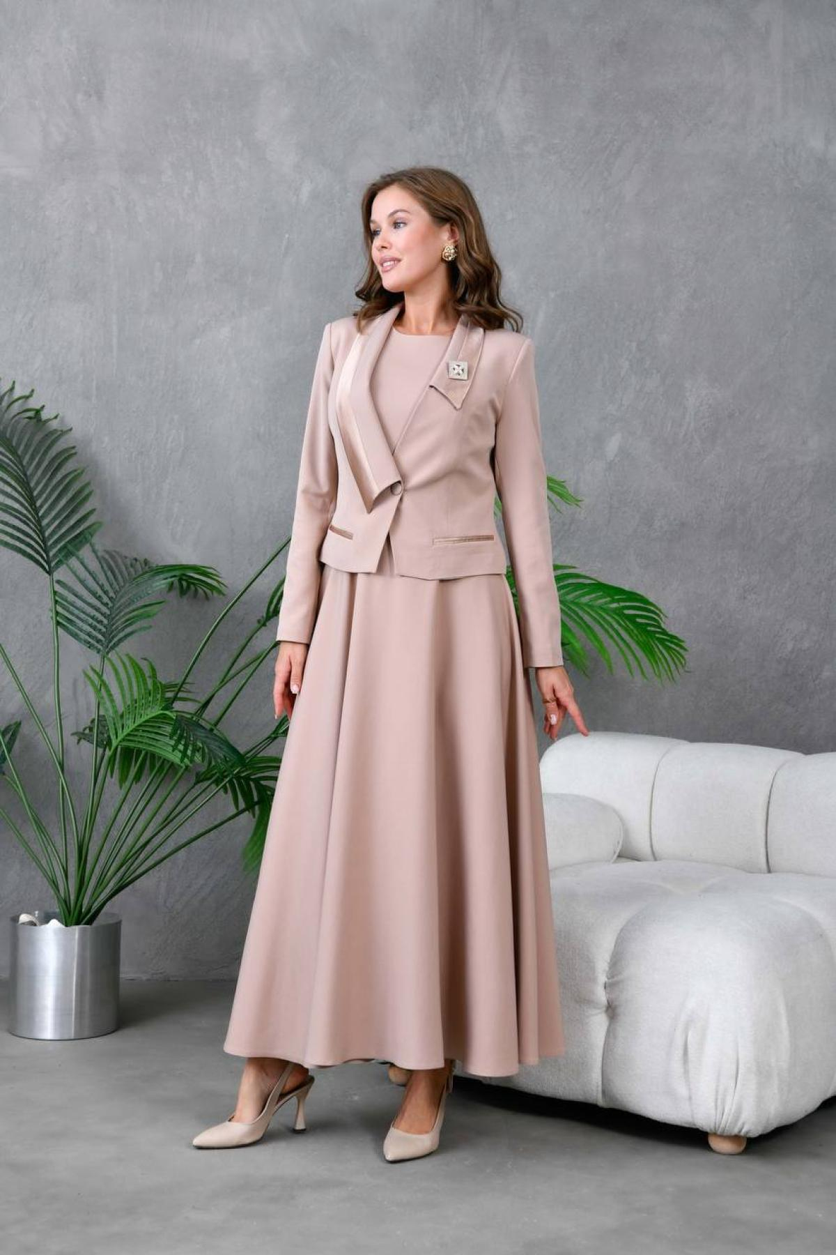 Wholesale Women Beige Dress and Jacket Set 733465