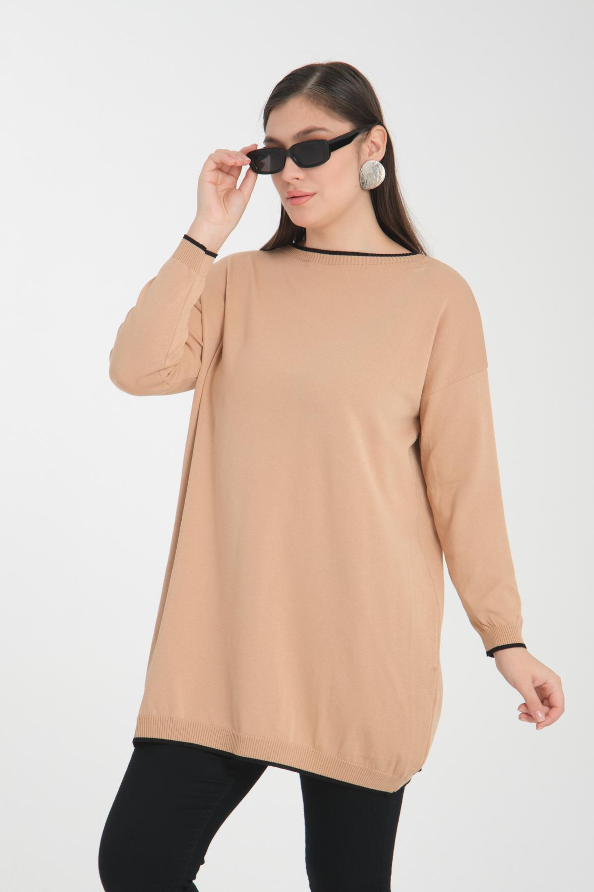 Wholesale Women Beige Garnished Boat Neck Knit Blouse 722655