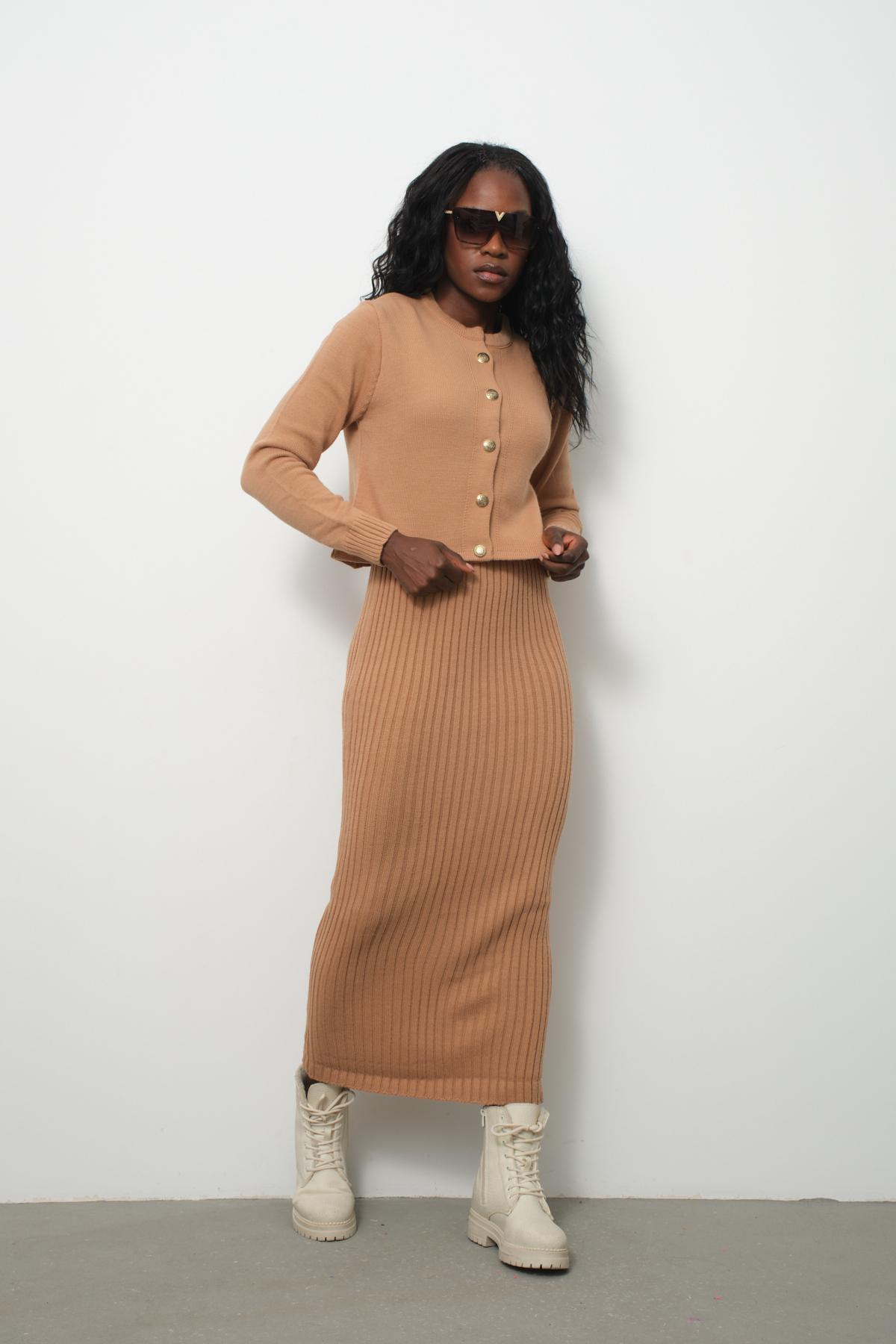 Wholesale Women Beige Knitted Dress and Cardigan Set 713306